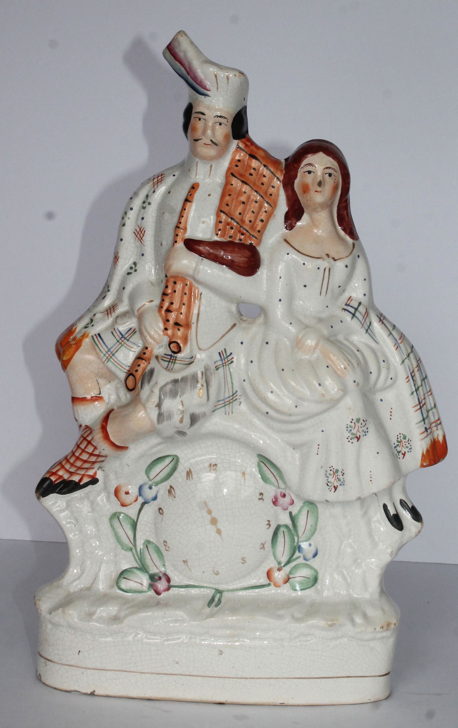 Antique Staffordshire flat back Scottish mantle clock figure of man & woman - 14" tall (1 of 6)