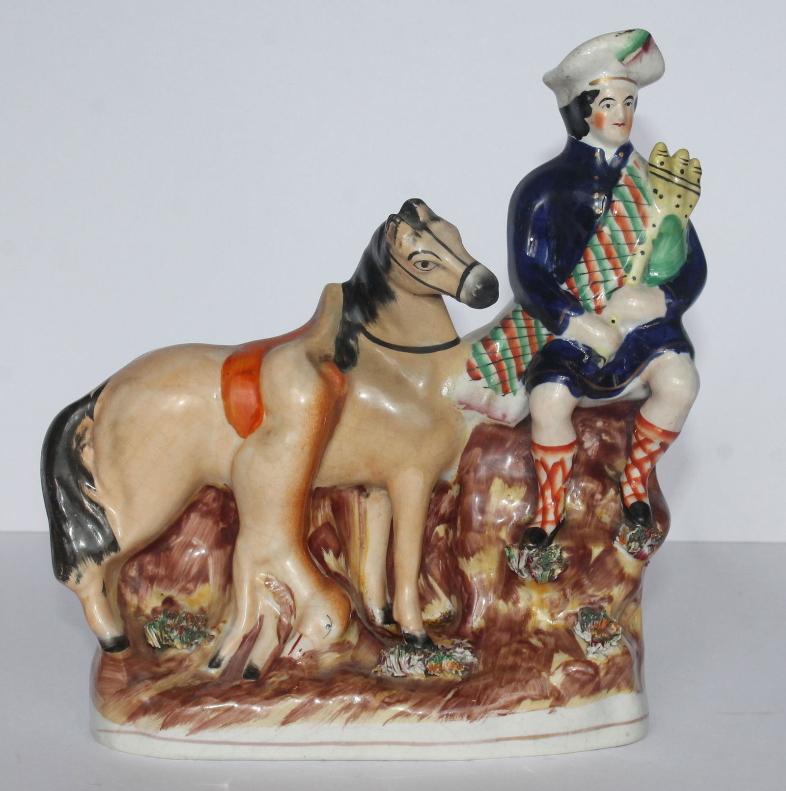 Antique Staffordshire figure of a Highland hunter w horse, deer & bagpipes (1 of 5)