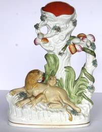 Antique Staffordshire spill vase w lioness & cubs - 11" tall