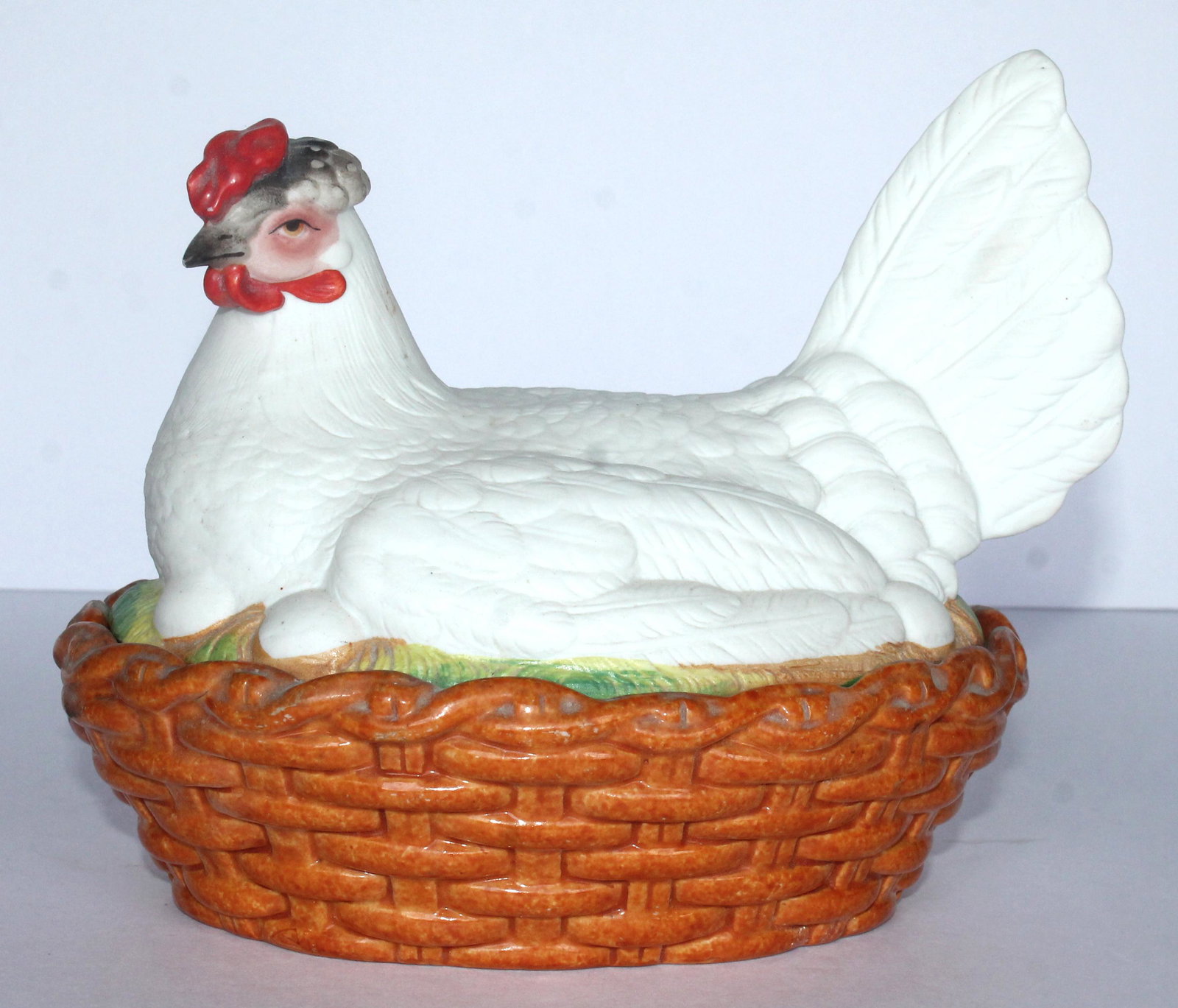 Antique Staffordshire hen on basket - 9" long: Antique Staffordshire hen on basket - 9" long