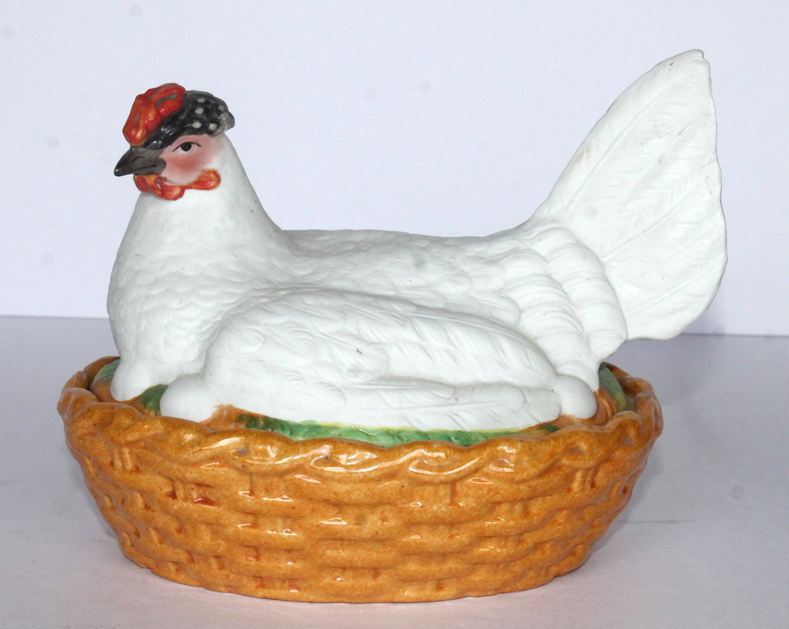 Antique Staffordshire hen on basket - 8" long: Antique Staffordshire hen on basket - 8" long