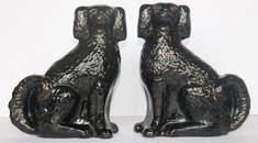 Pair of antique Staffordshire Jackfield Spaniels w glass eyes - 12" tall