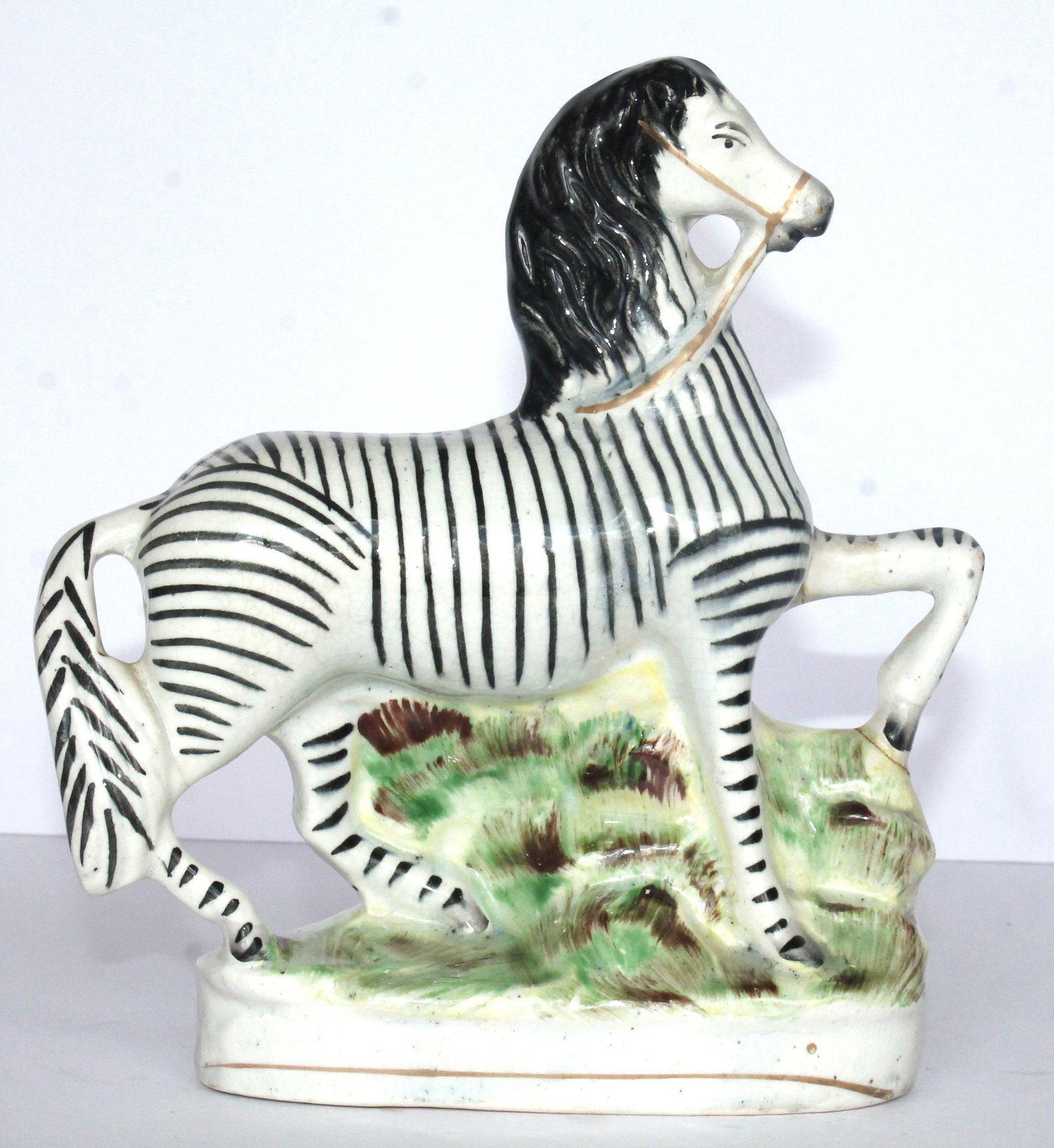 Antique Staffordshire figure of a zebra - as found - 1 leg repaired - 8 1/2" tall: Antique Staffordshire figure of a zebra - as found - 1 leg repaired - 8 1/2" tall