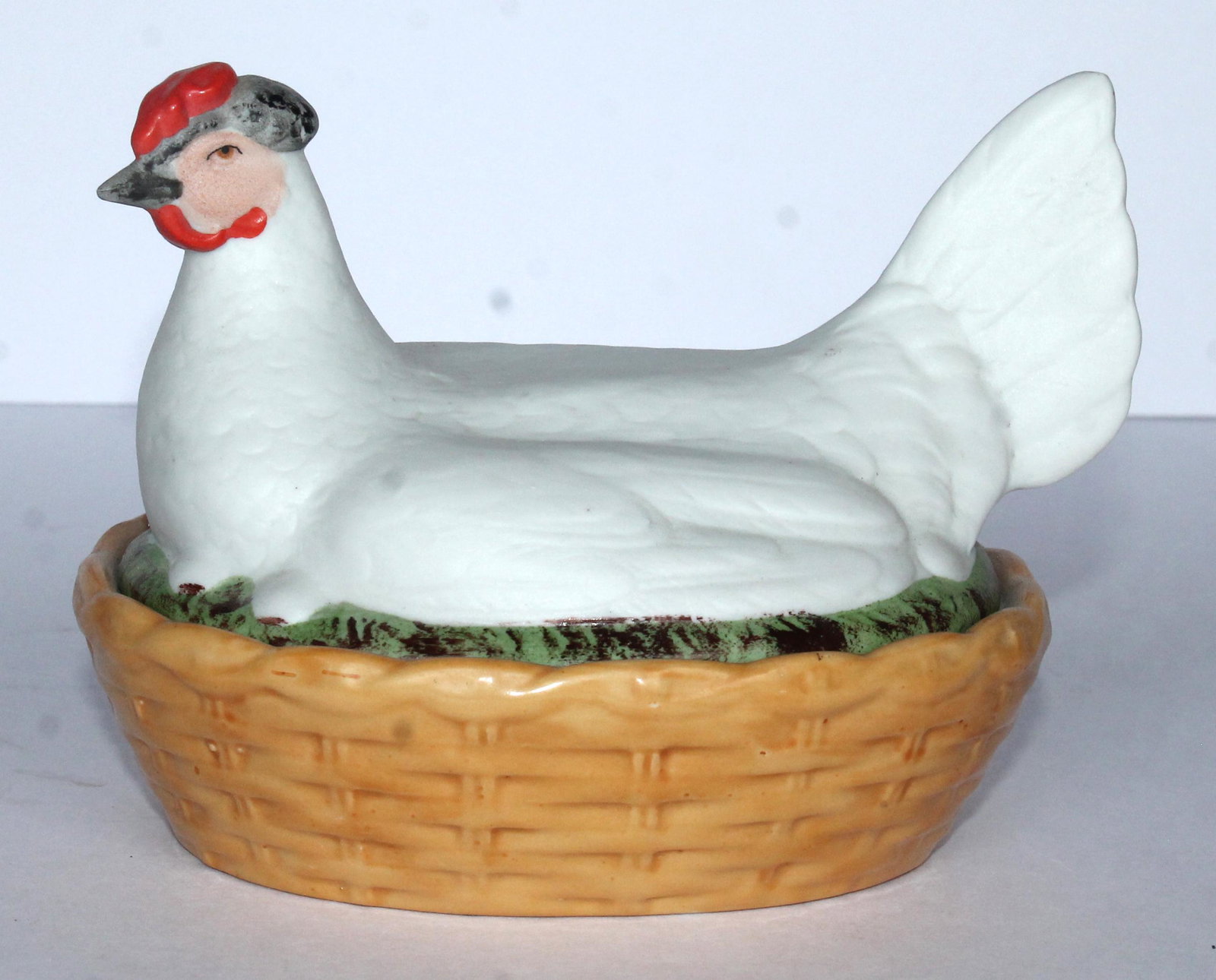 Antique Staffordshire hen on basket - 6 1/2" long: Antique Staffordshire hen on basket - 6 1/2" long