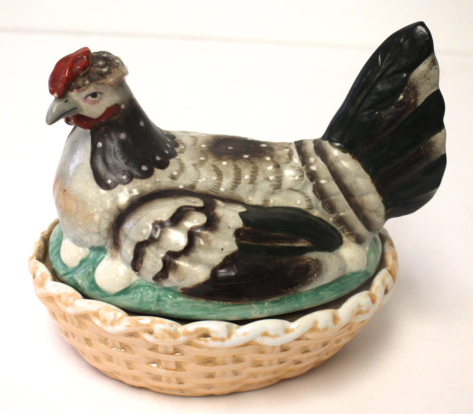 Antique Staffordshire colored hen on basket - 7" long: Antique Staffordshire colored hen on basket - 7" long