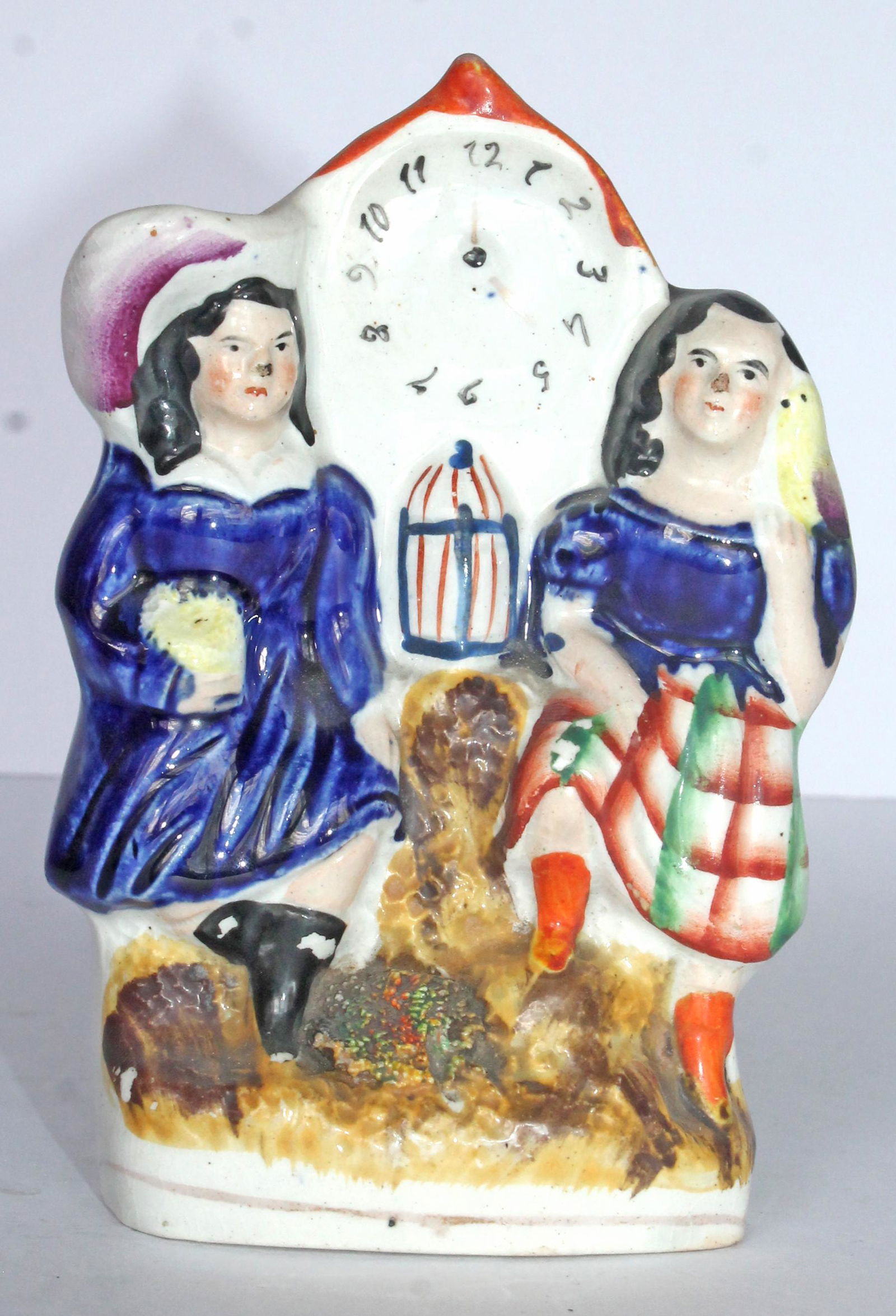 Antique Staffordshire flat back Scottish mantle clock figure w 2 children - 5 3/4" tall (1 of 4)