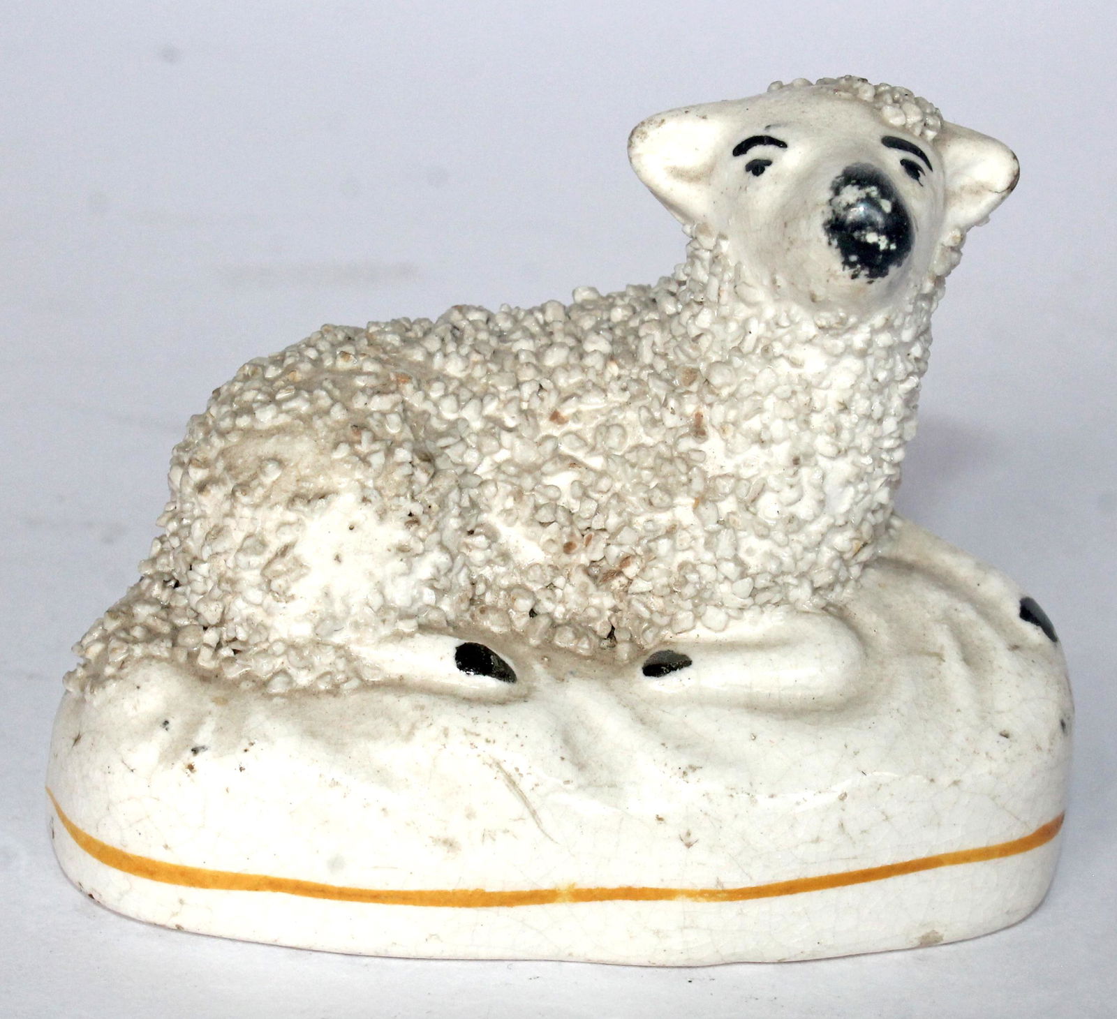 Antique Staffordshire figure of a sheep in white confetti glaze - 3 1/2" long (1 of 3)