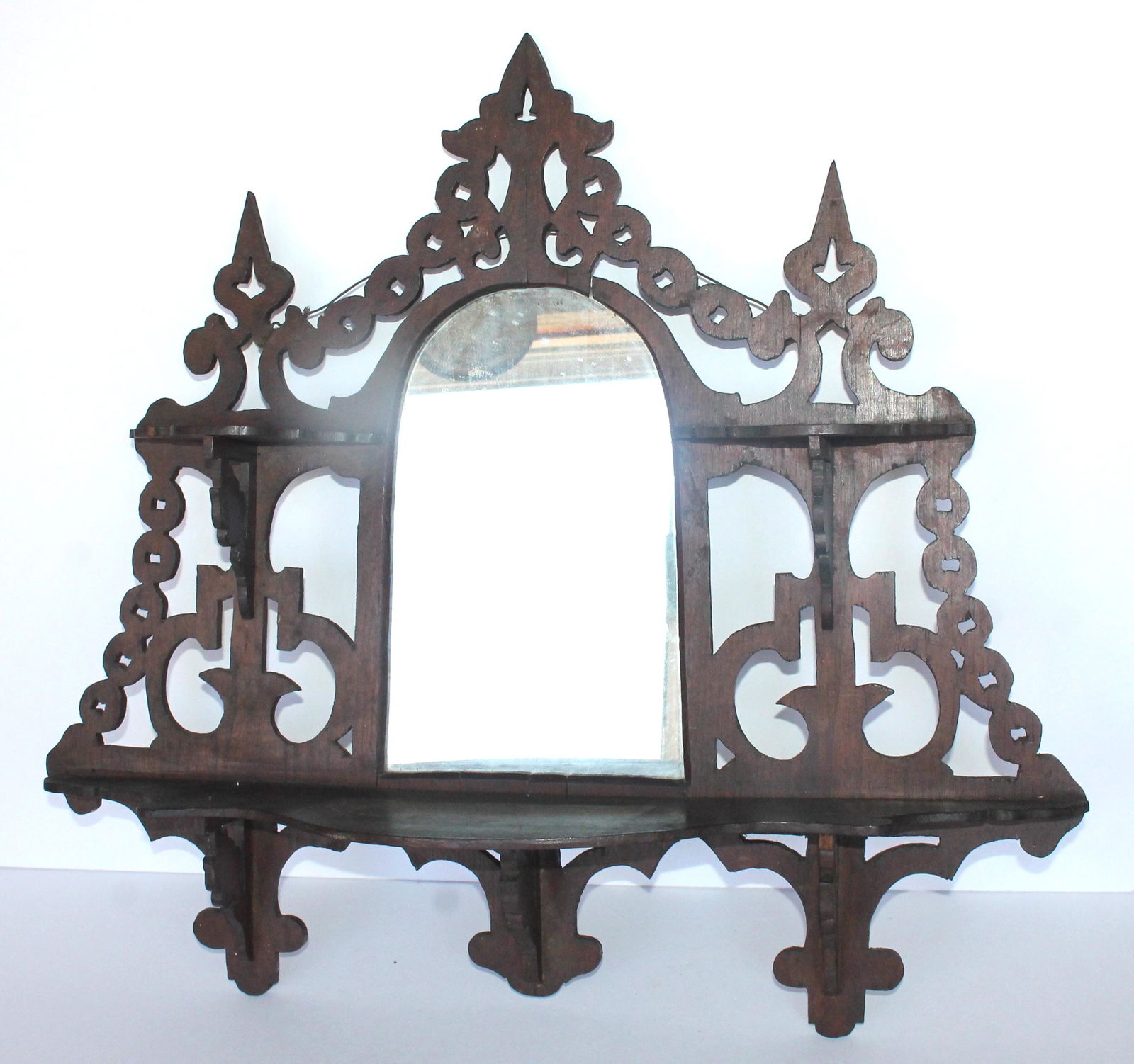 Victorian carved oak wall shelf w mirror - 23" tall x 25" wide (1 of 6)