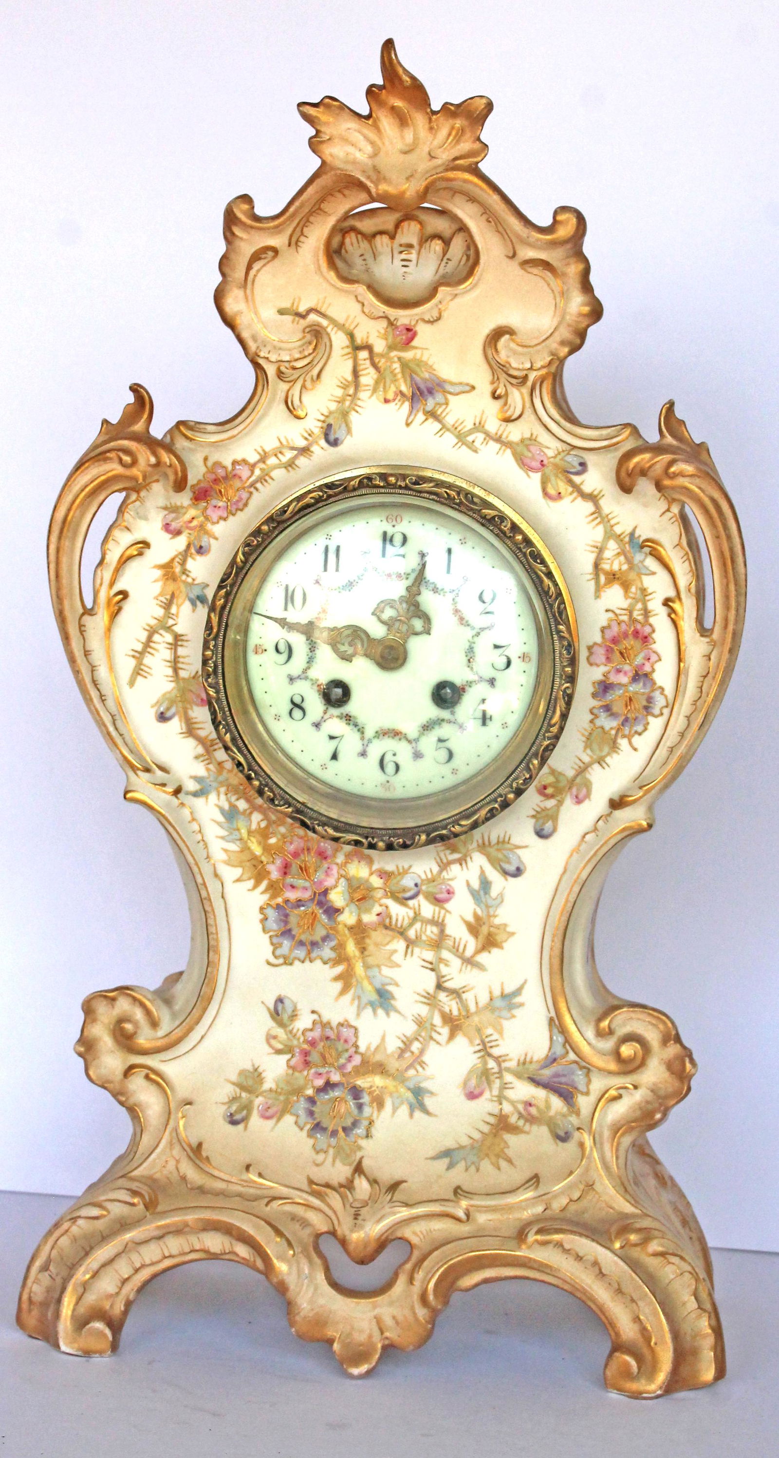 Antique European hand painted porcelain mantle clock - 18" tall (1 of 9)