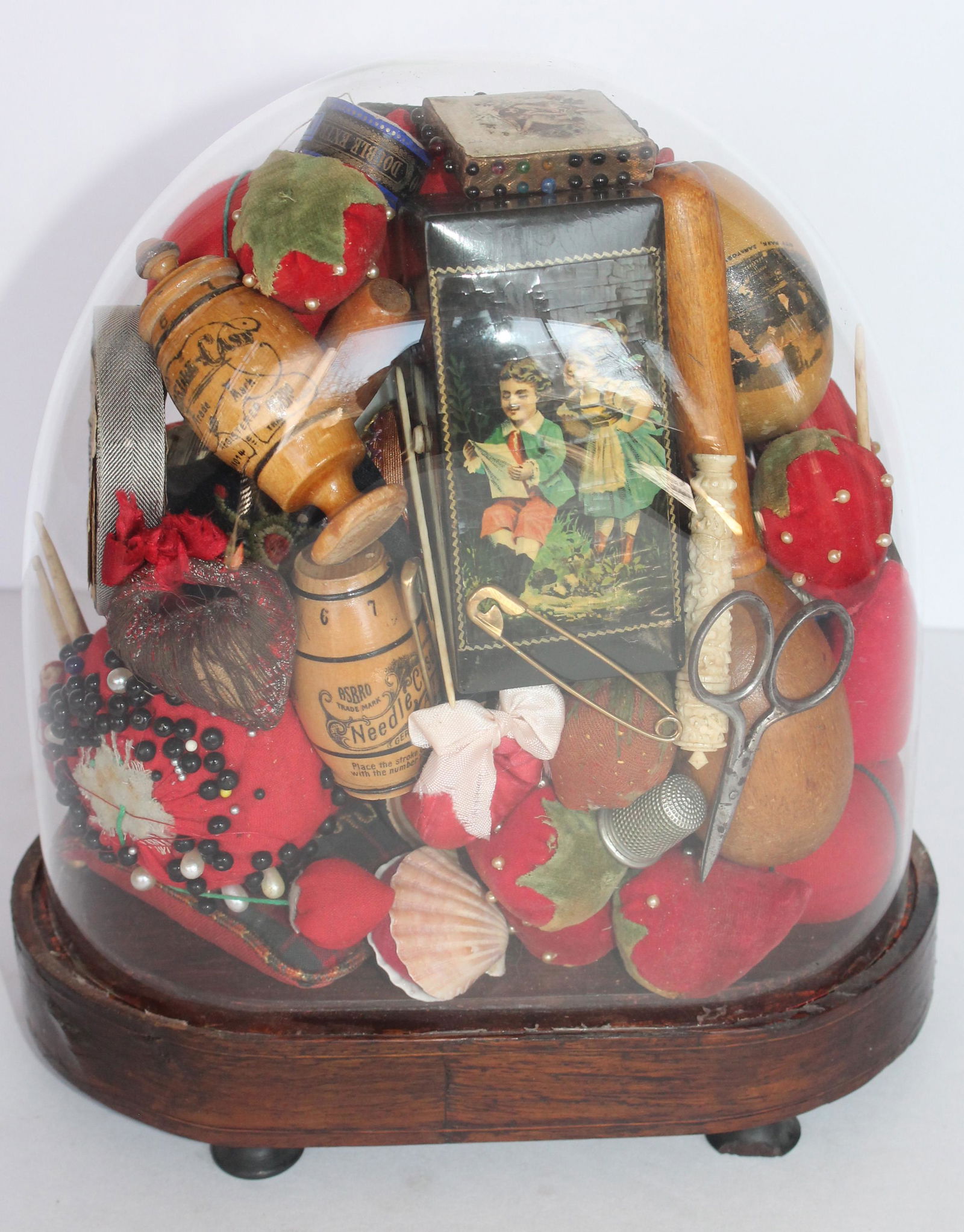 Glass dome sewing item collage - filled with many antique & vintage sewing items incl Shaker, (1 of 14)
