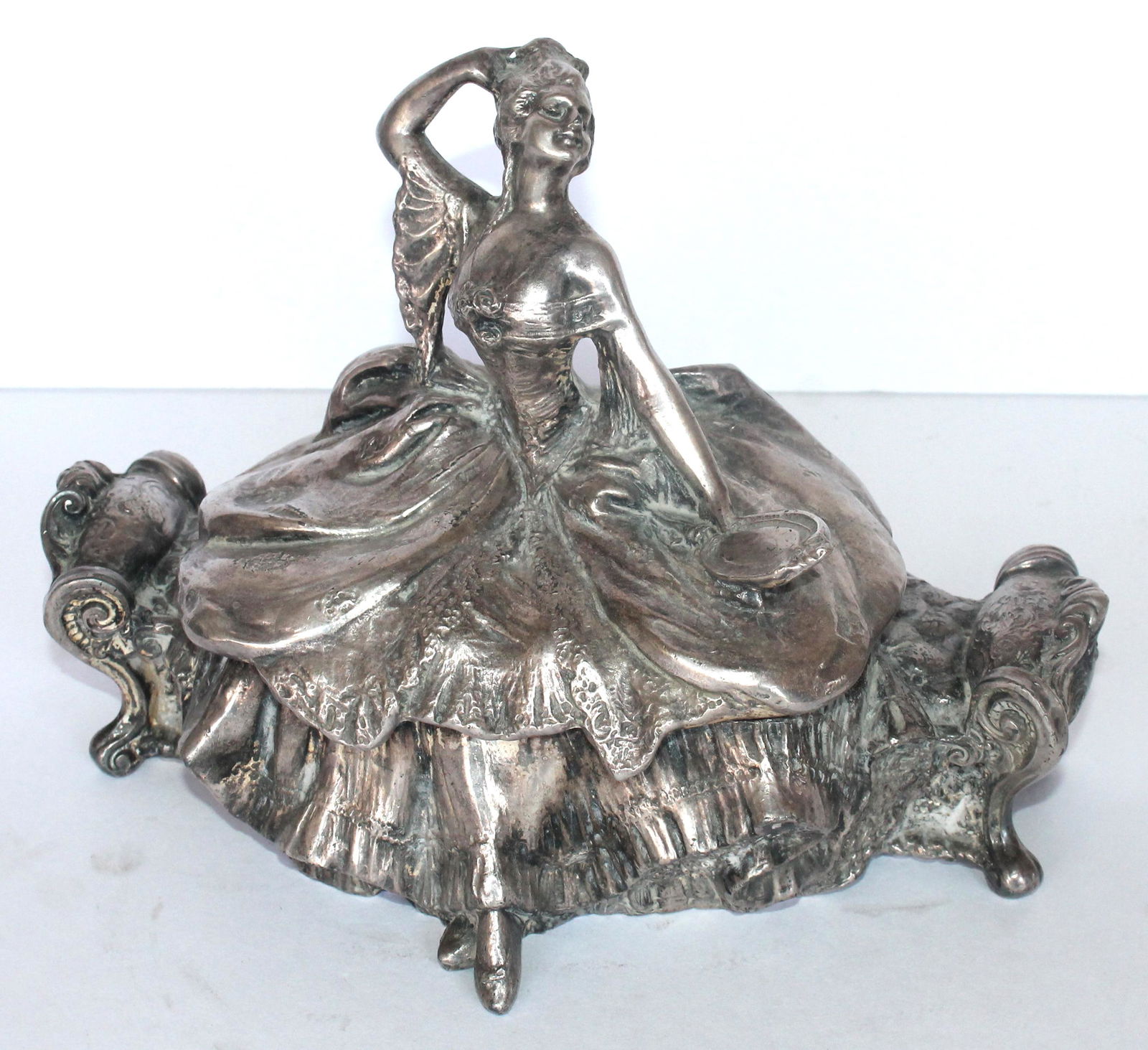 Art Nouveau silver plate figural dresser box w interior lining - woman holding a mirror sitting on a (1 of 7)