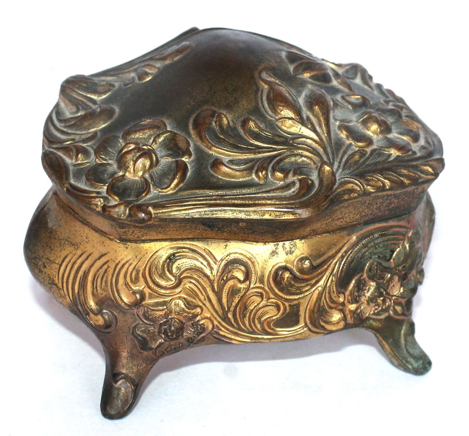 Art Nouveau cast metal gold painted dresser box w floral dec & interior lining - 4" wide x 3" tall x (1 of 5)