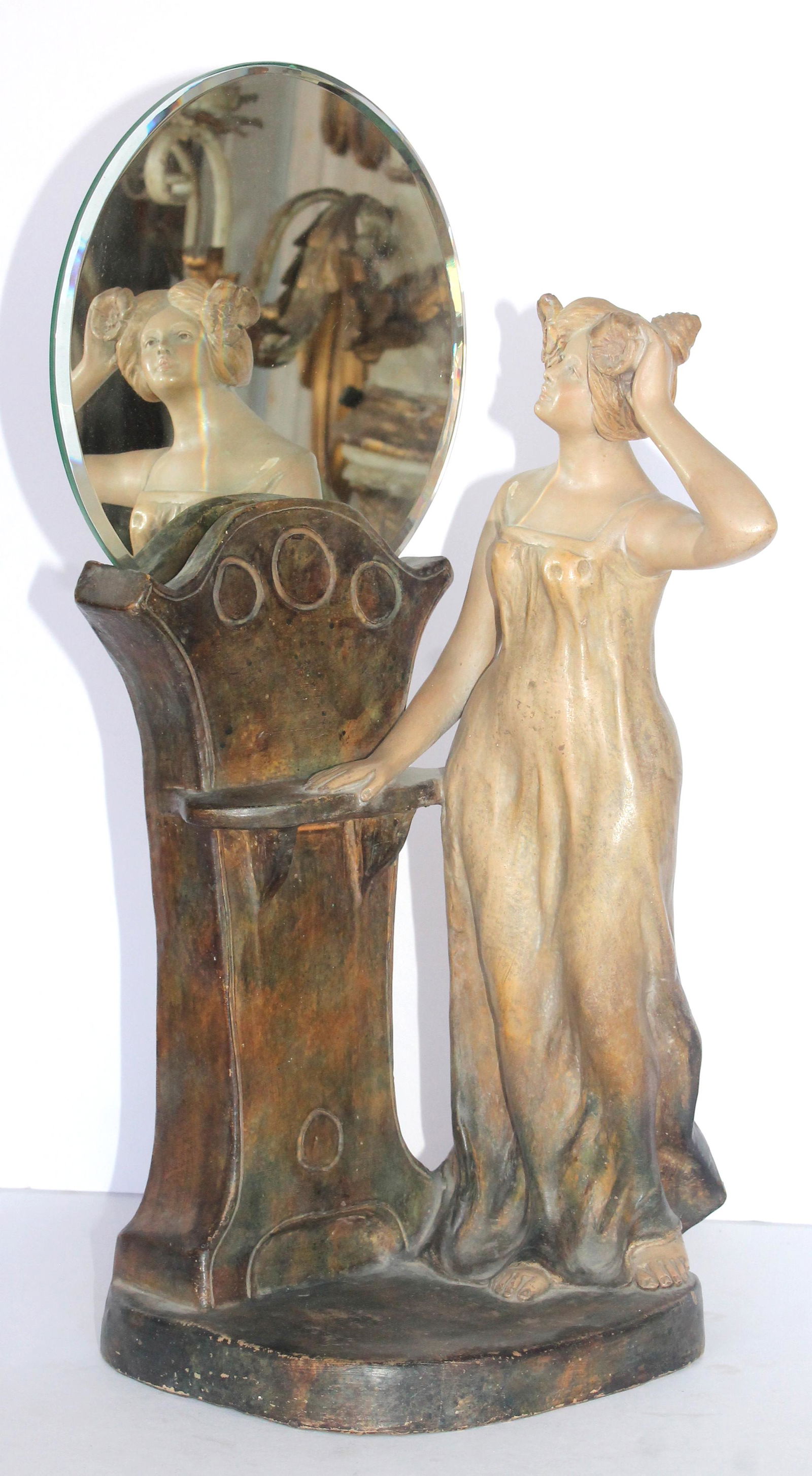 Antique Art Nouveau Austrian pottery figural sculpture of a woman standing at a fireplace mantle (1 of 10)