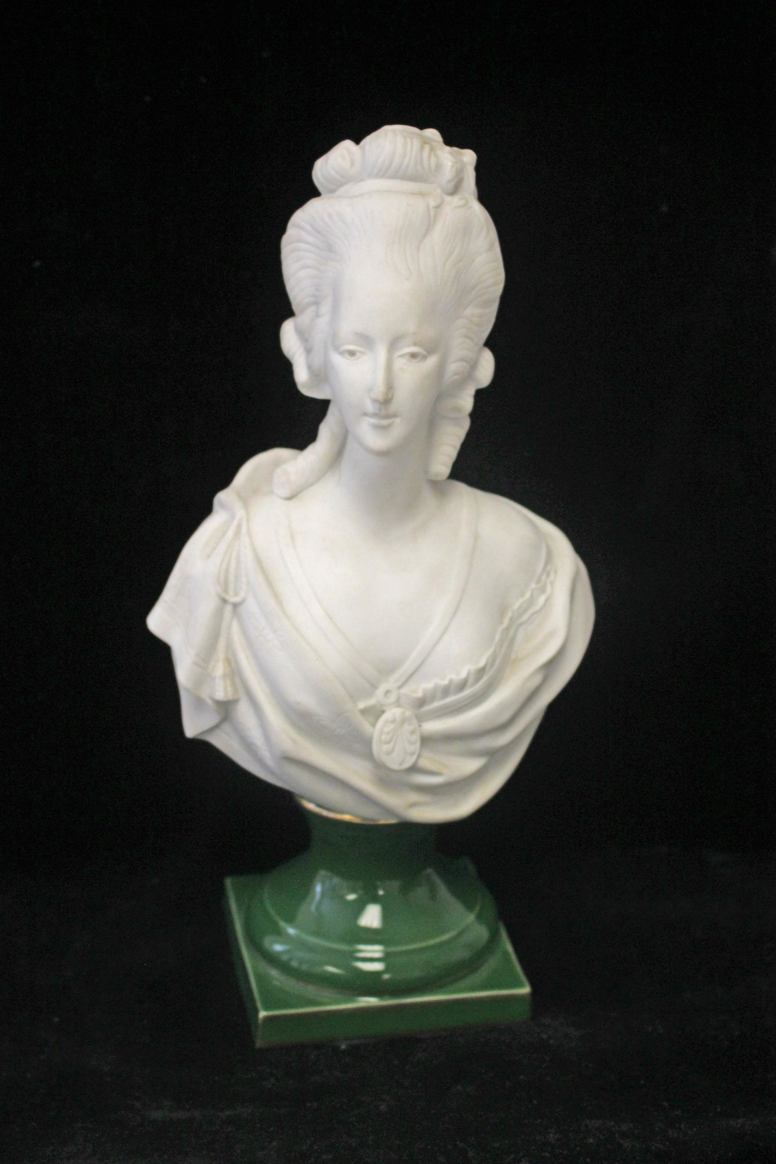 Antique Victorian Parian bust of a woman on green porcelain base - 11" tall (1 of 5)