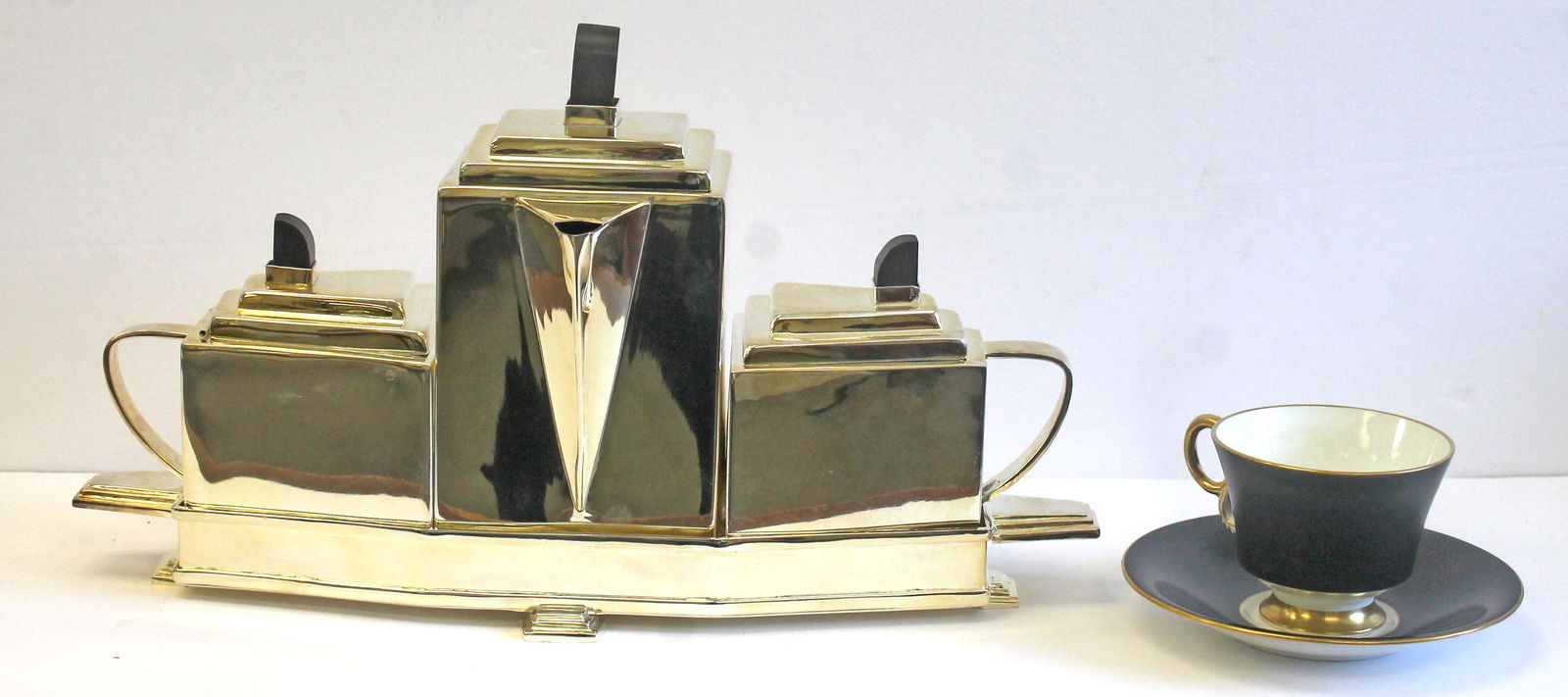 Art Deco tea service AFTER Jean George Theobald in silver plate w WOOD finials - teapot, sugar & (1 of 10)
