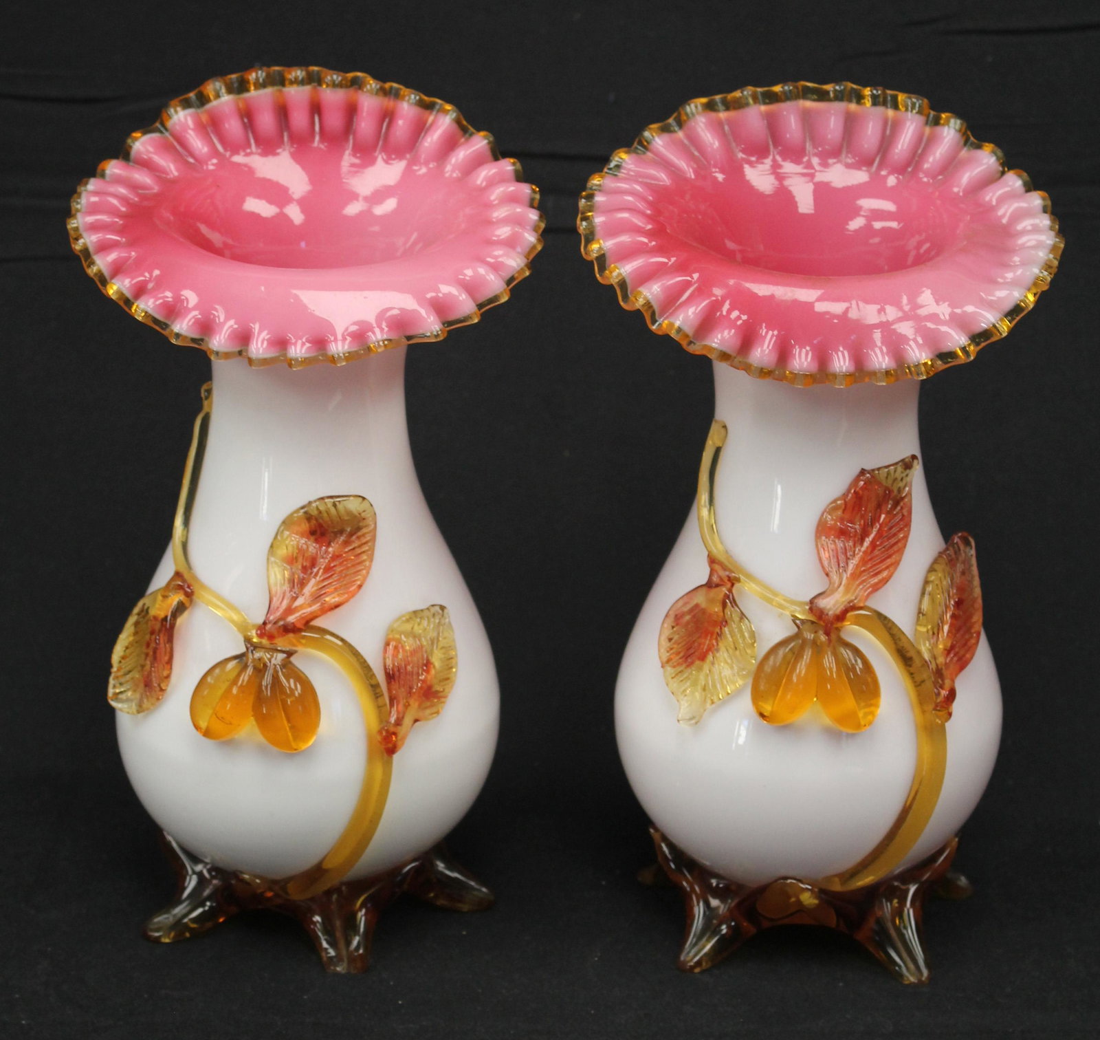 Pr of Stevens & Williams Art Glass ruffled vases w applied amber floral dec & feet - 10" tall: Pr of Stevens & Williams Art Glass ruffled vases w applied amber floral dec & feet - 10" tall