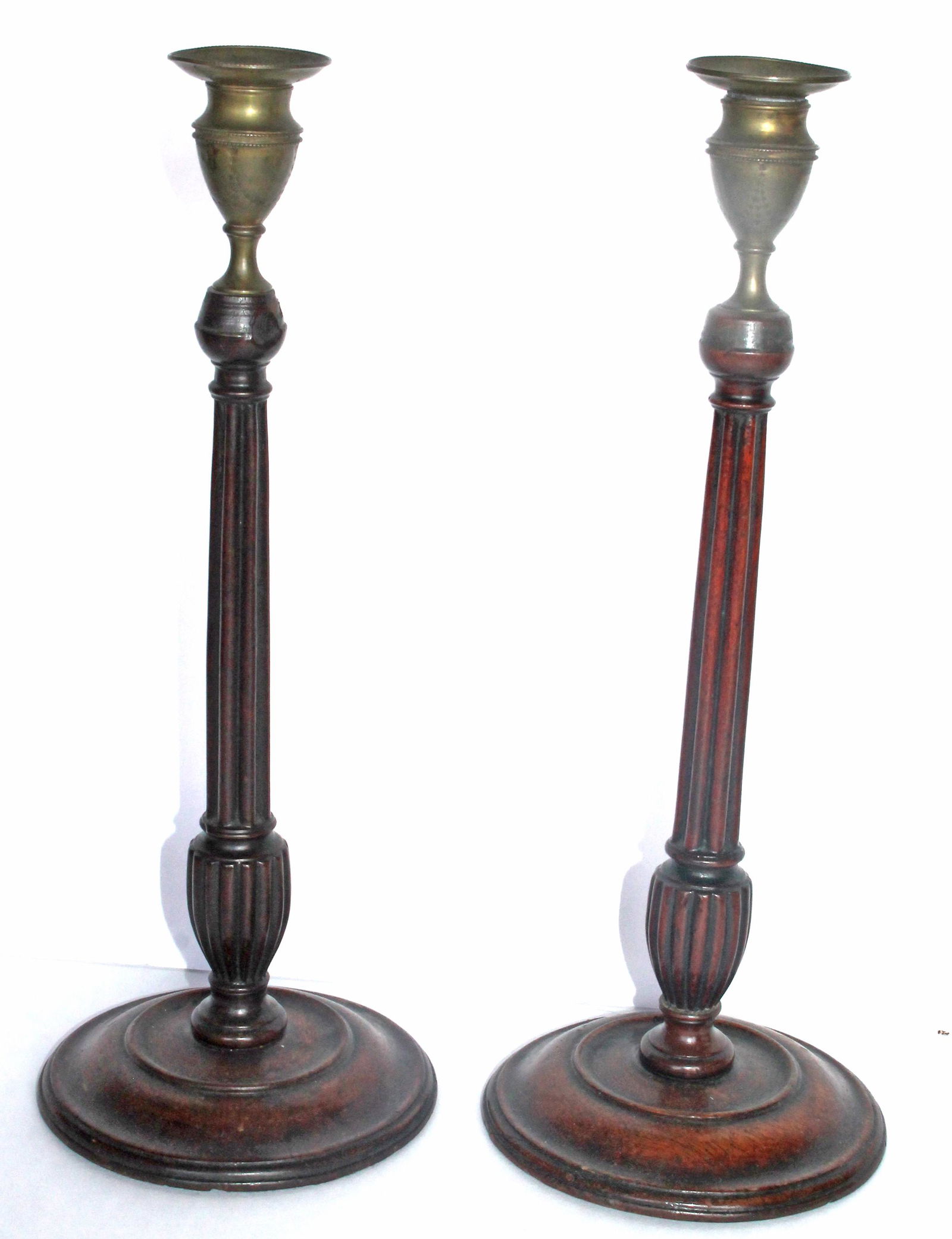 Pr of ca 1790-1820 Scottish carved wood & brass candlesticks - 15" tall (1 of 7)