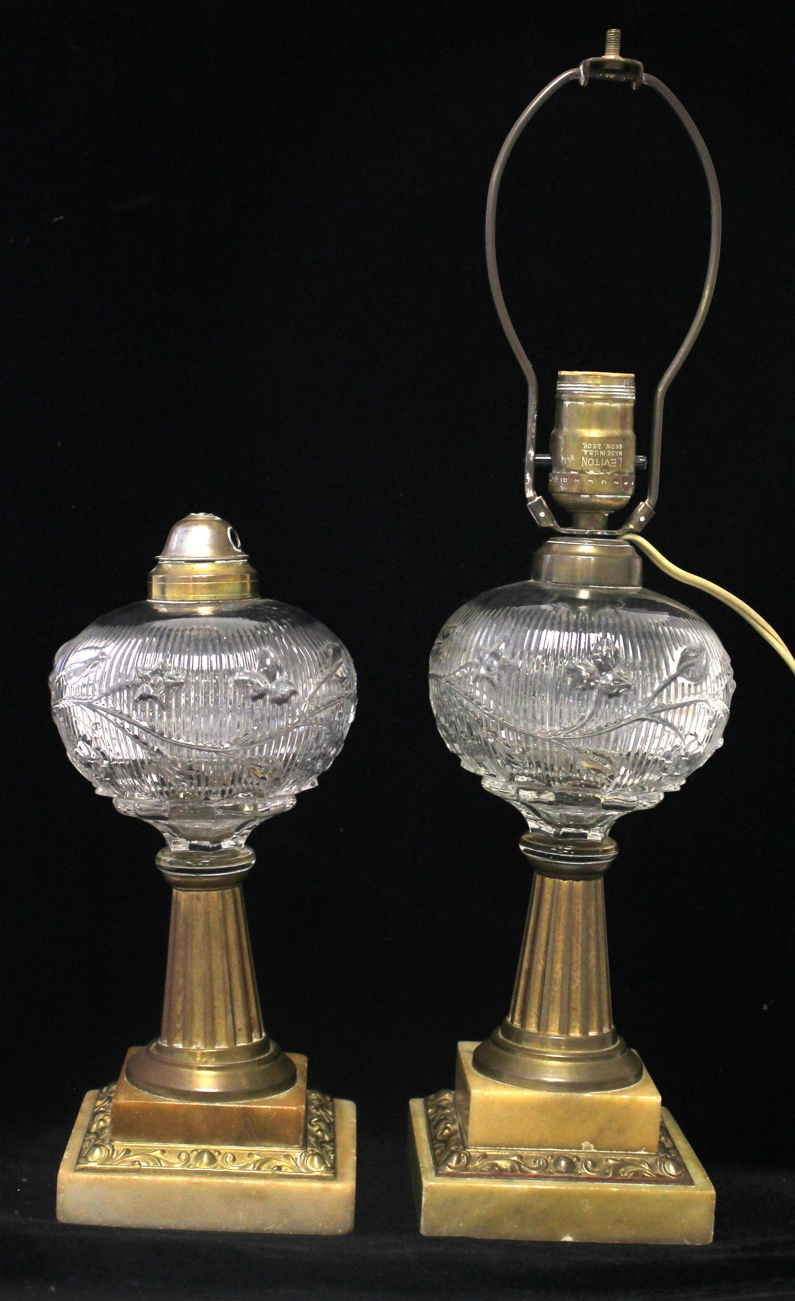 Near pr of clear glass pattern lamps w raised floral dec on marble & brass bases - 9 3/4" & 10" tall (1 of 5)