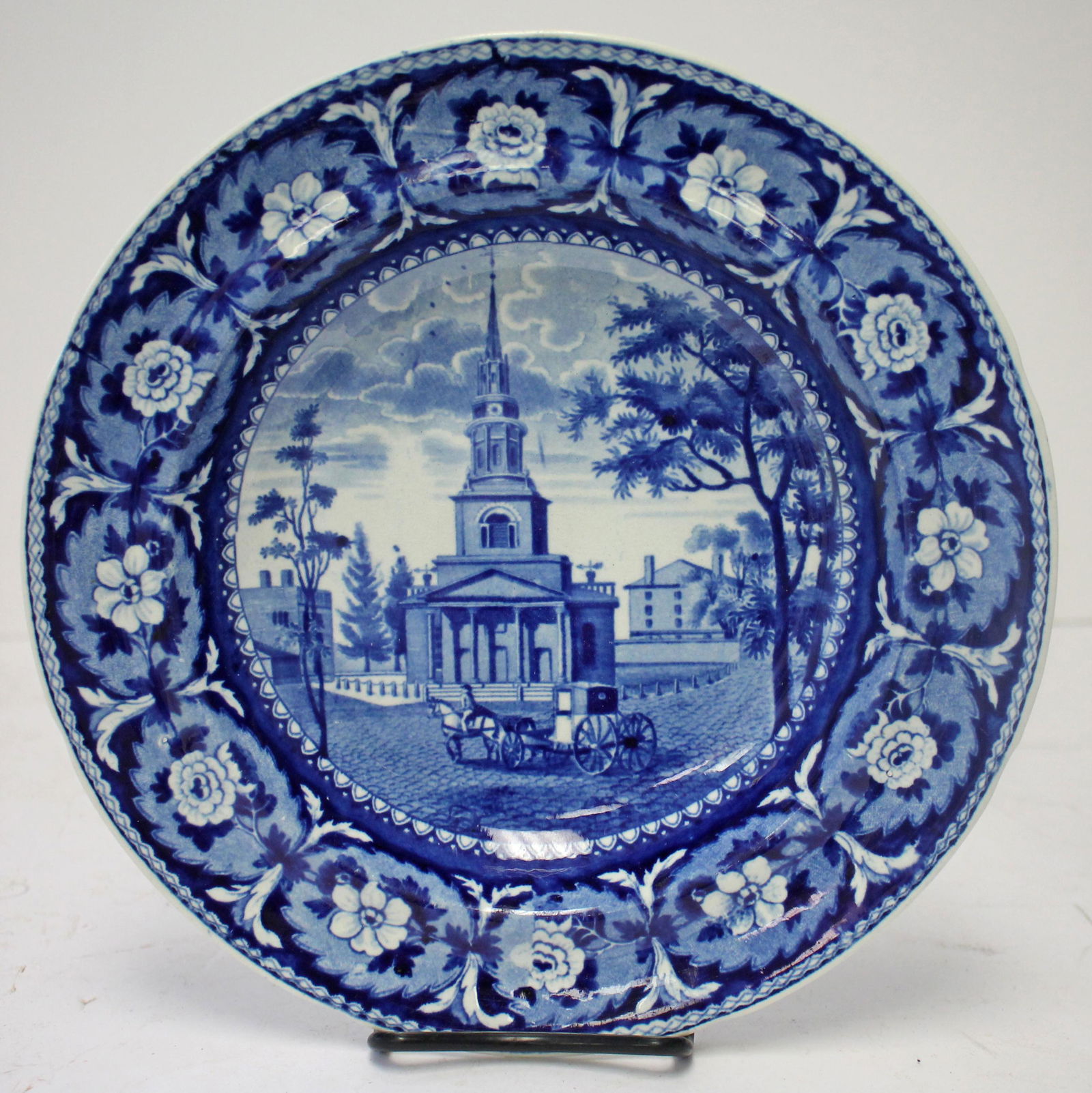 Ridgway dark blue 9 3/4" soup plate "Octagon Church Boston" (1 of 5)
