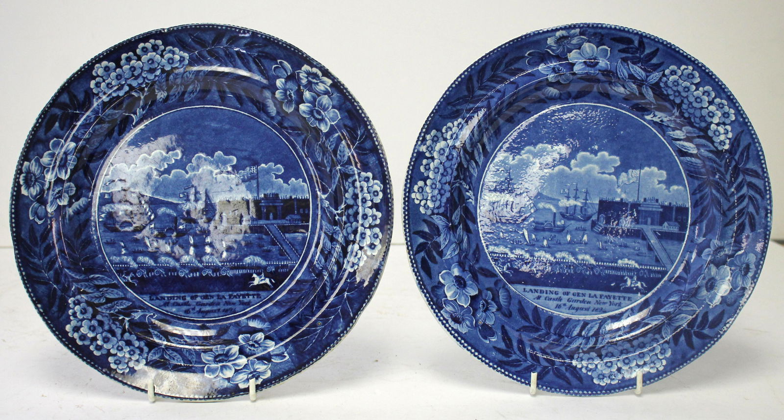 Pr of Clews dark blue 10 1/8" plates "Landing of LaFayette" (1 of 9)