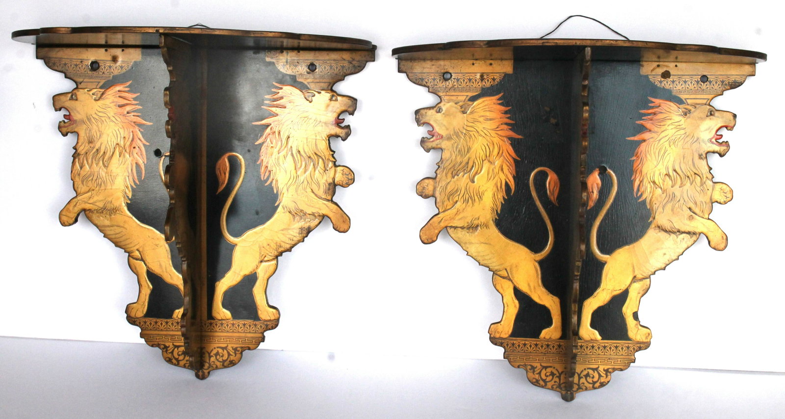 Pr of Victorian English paper mache shelves w standing lions motif - 15" tall x 15" wide x 8" deep: Pr of Victorian English paper mache shelves w standing lions motif - 15" tall x 15" wide x 8" deep