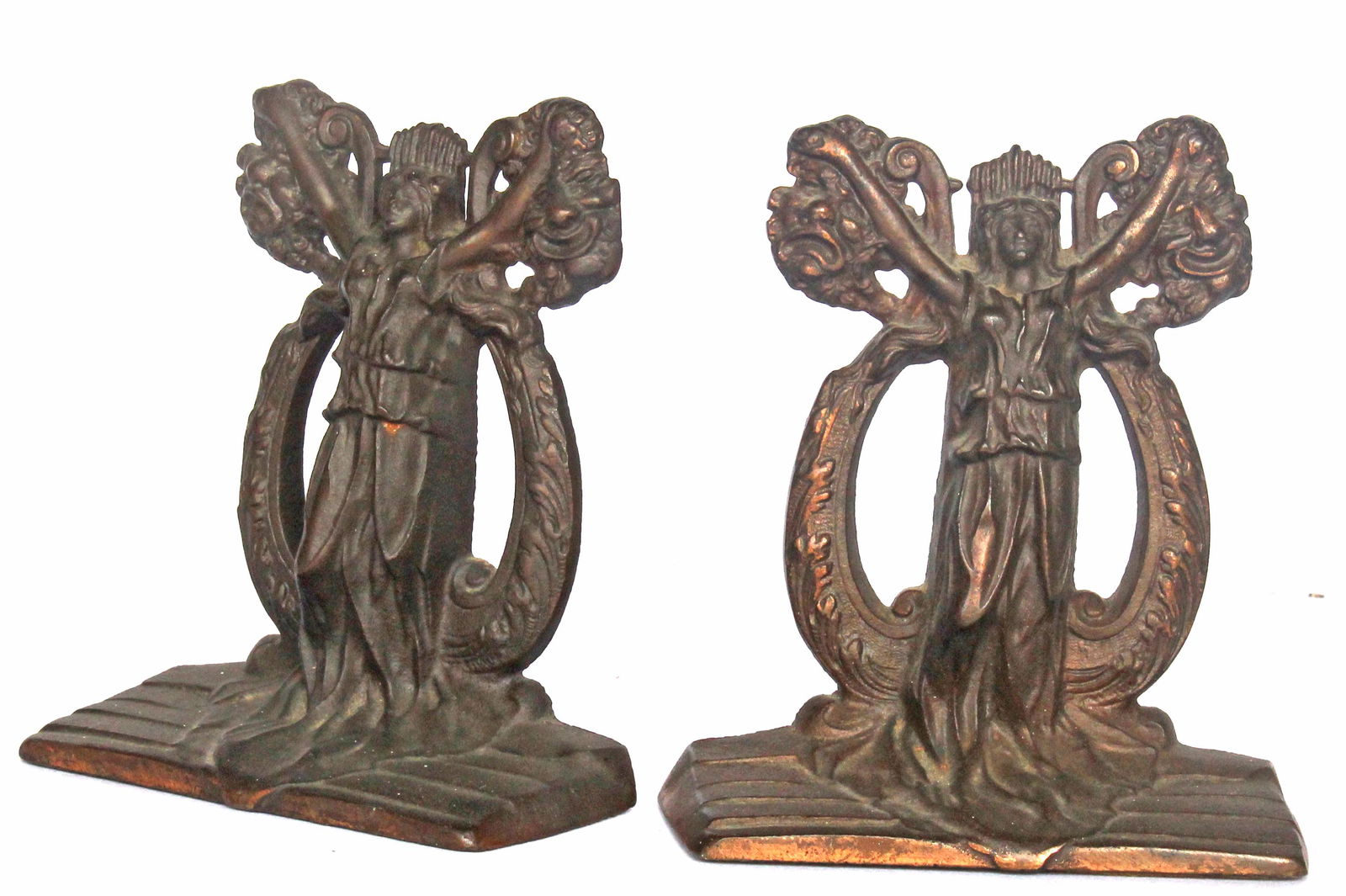Pr of Art Nouveau cast iron bookend in bronze finish - 6" tall (1 of 5)