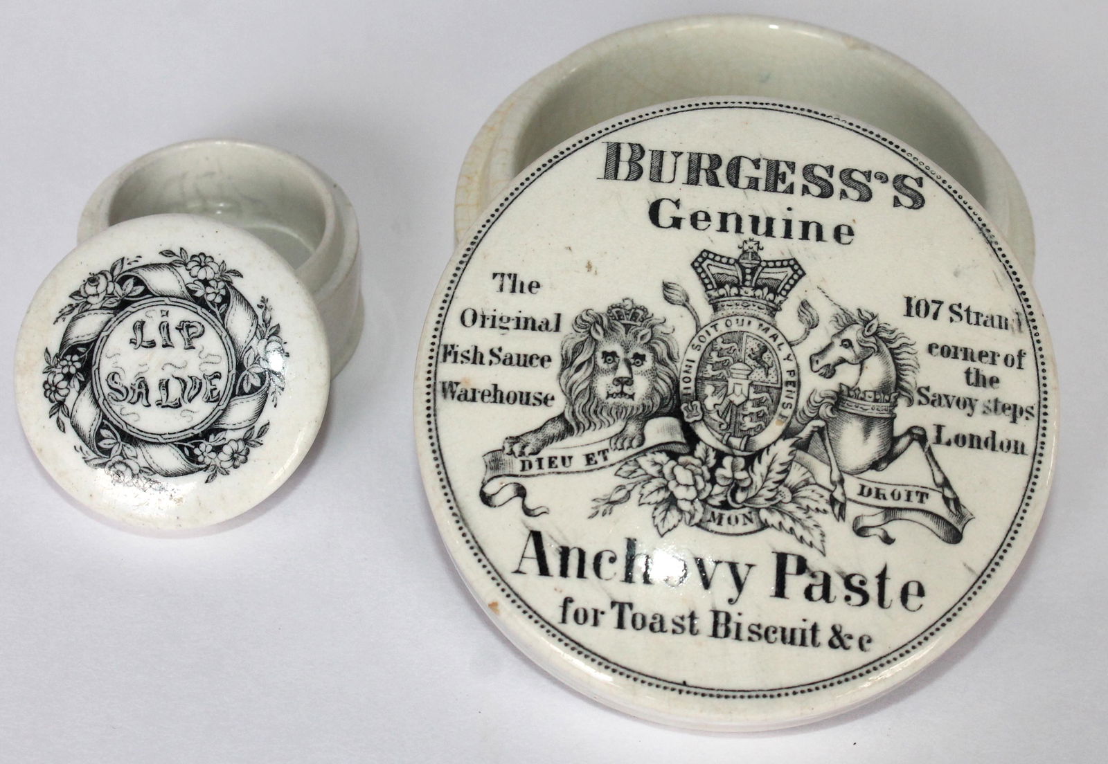 Lot of 2 Victorian English ironstone pot lids - 1 3/4" & 3 1/2" diam (1 of 3)