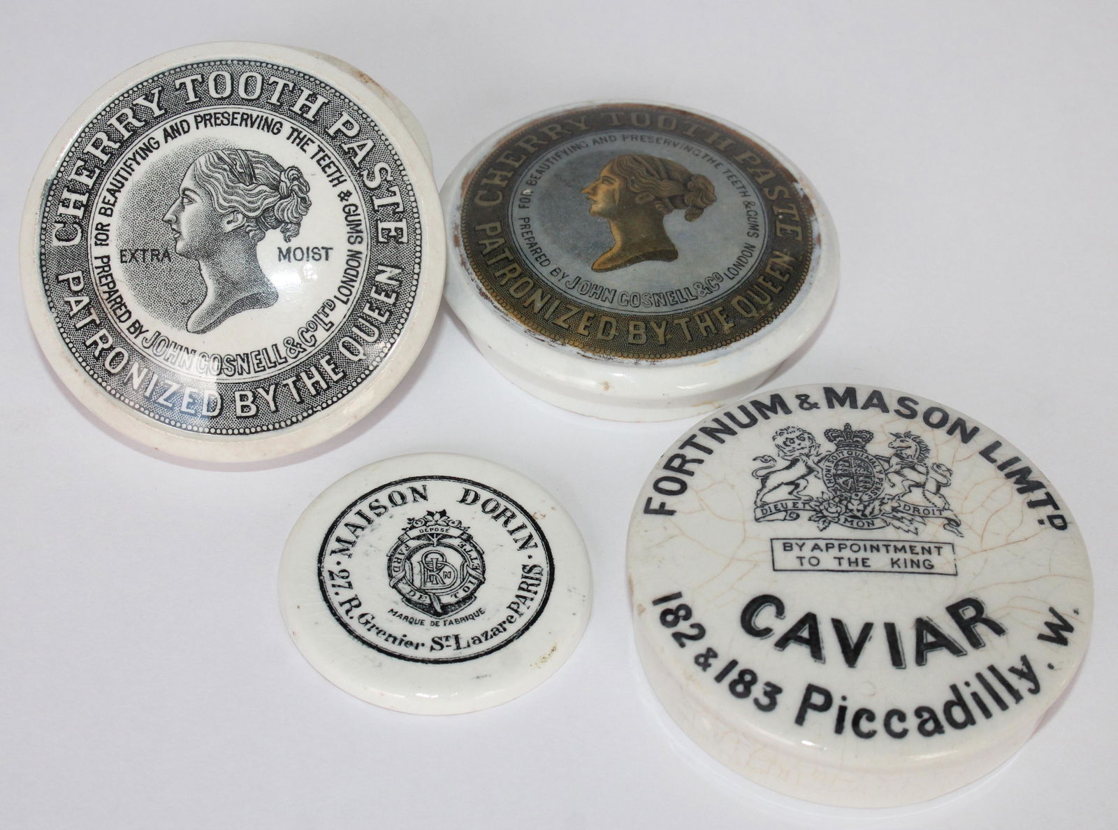 Lot of 4 Victorian English ironstone pot lids - 1 complete, 2 lids & a weight - 1 1/4" - 3 1/4" diam (1 of 2)