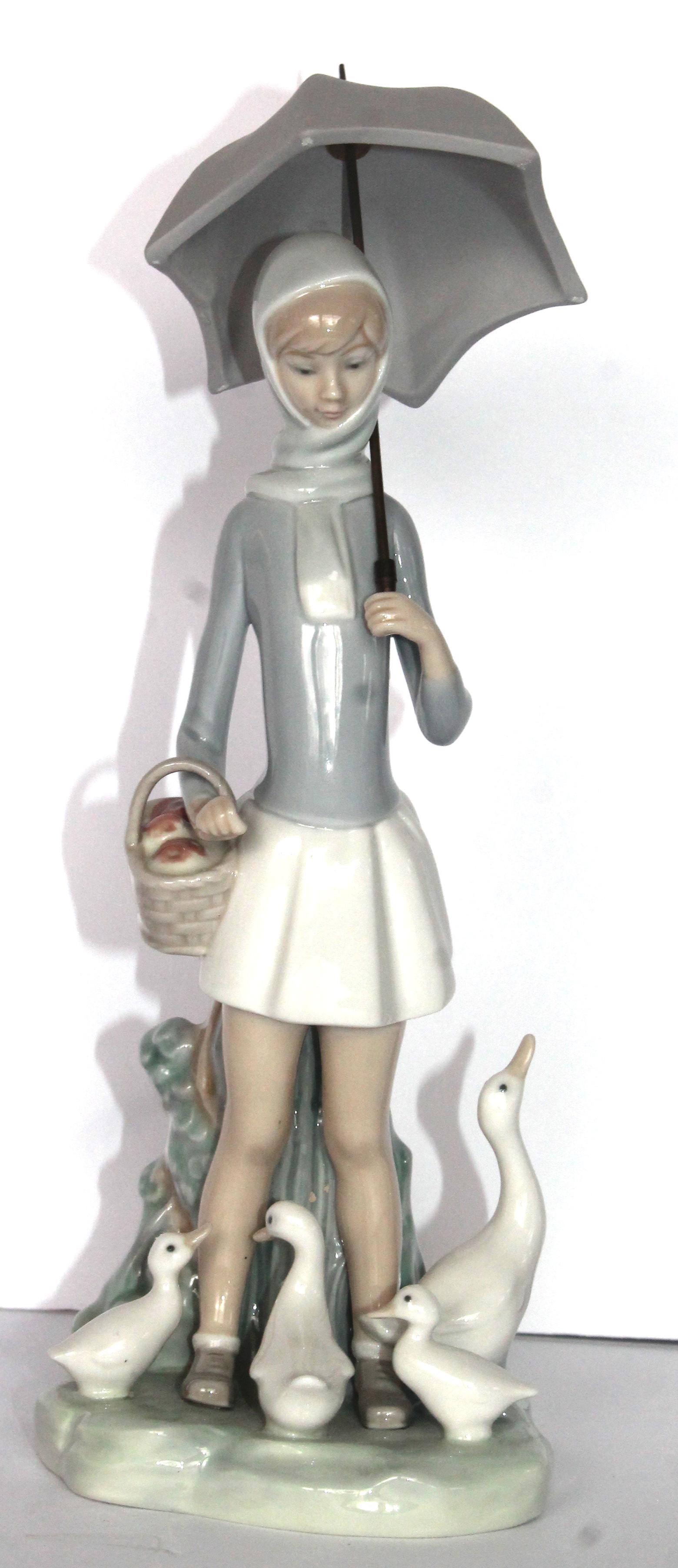 Lladro porcelain figurine of a girl holding an umbrella & basket w ducks at her feet - 11" tall (1 of 5)