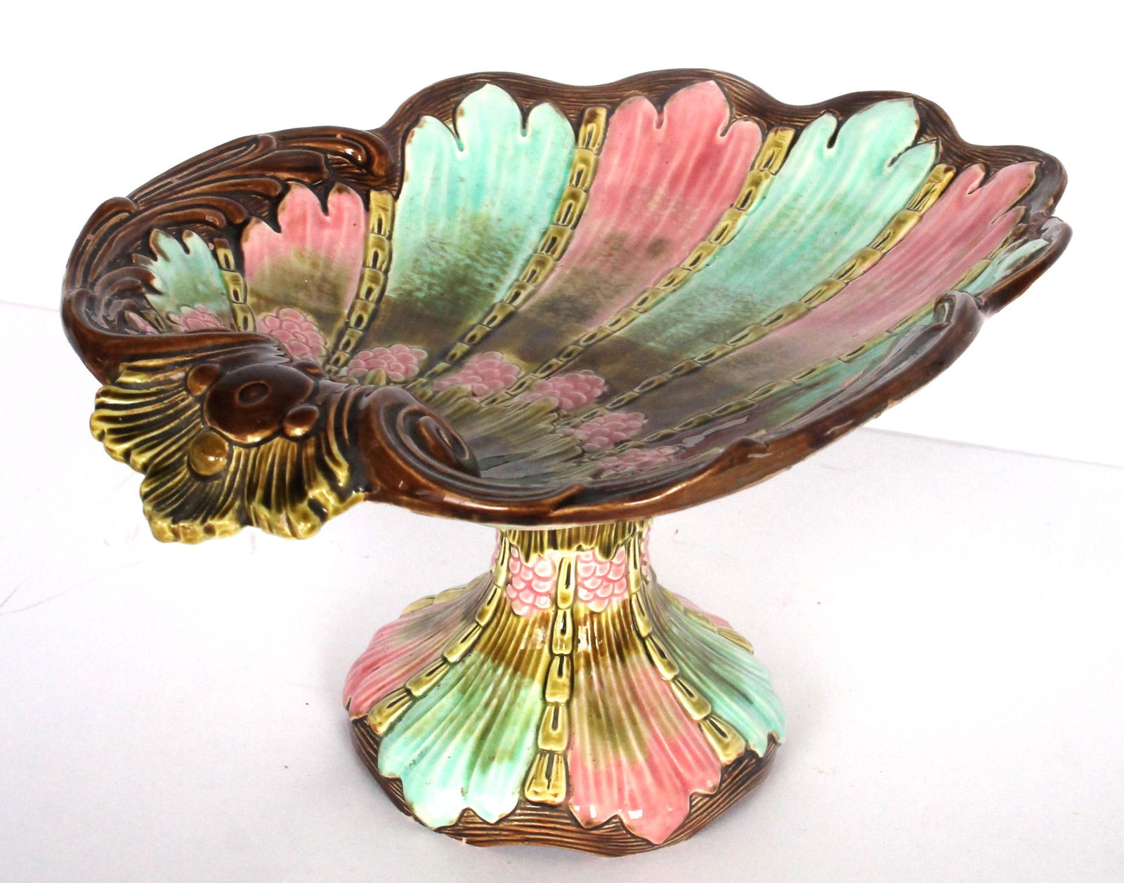 Antique Majolica shell form compote/tazza - 12" long x 9" wide x 6" tall (1 of 4)