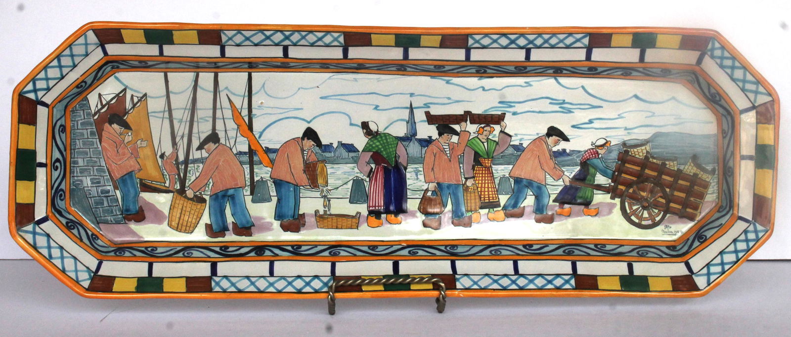 Antique sgnd Quimper large rectangular fish tray w hand painted fisherman motif - 23 1/2"x8" (1 of 6)