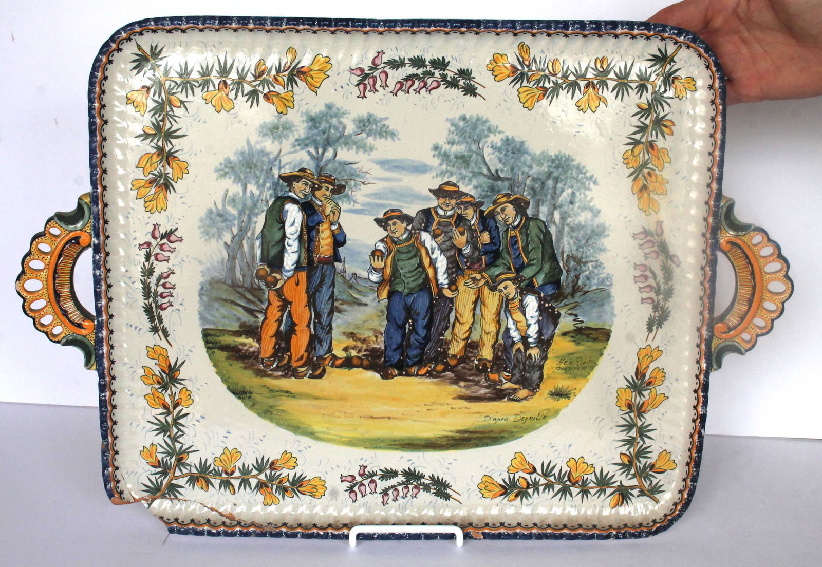 Antique sgnd Quimper large square 2 handled tray w hand painted men bowling scene - artist sgnd - as (1 of 11)