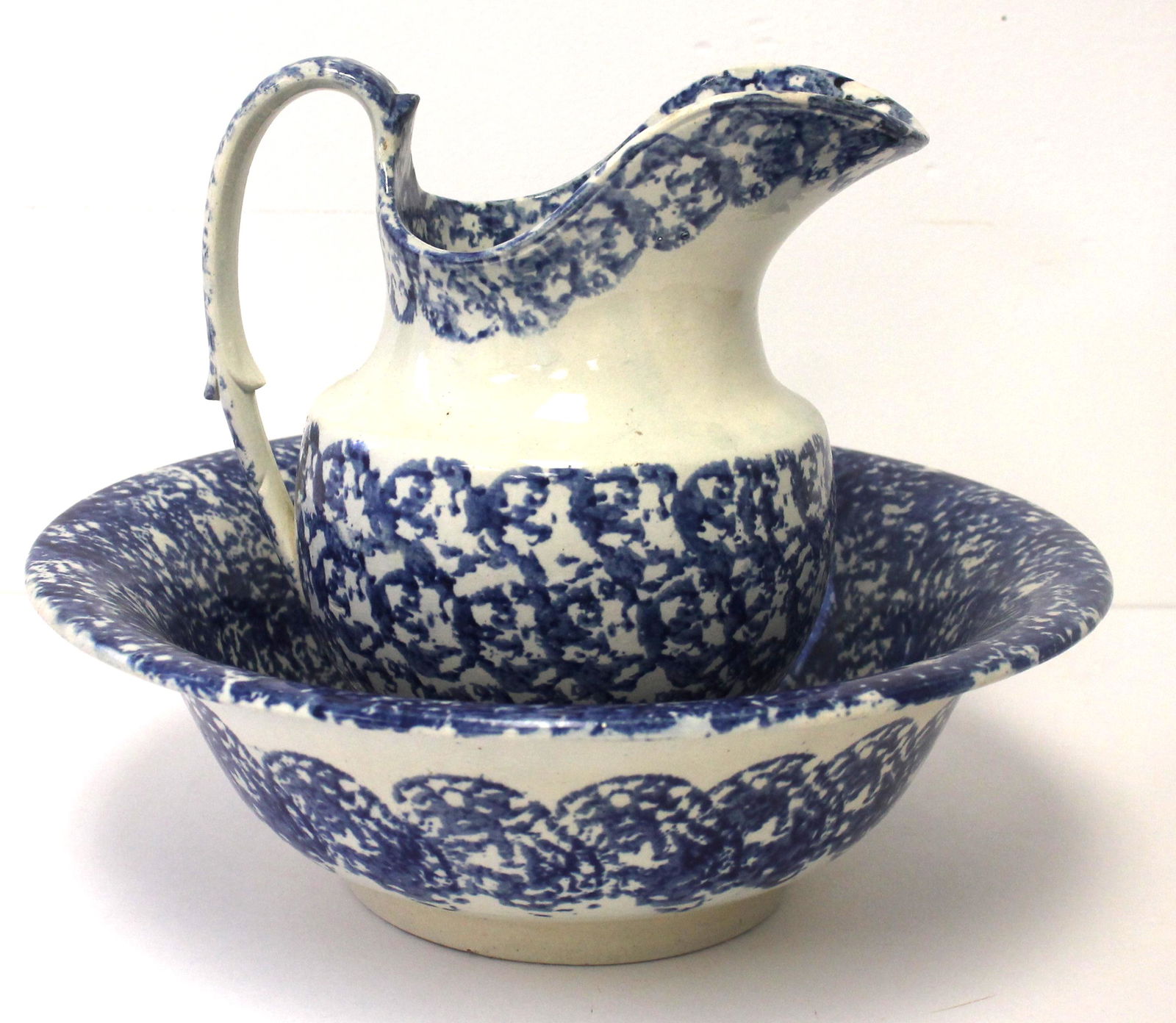 ca 1830-40 blue spongeware dec pitcher & bowl set 9 3/4" x 12 3/4" (1 of 7)
