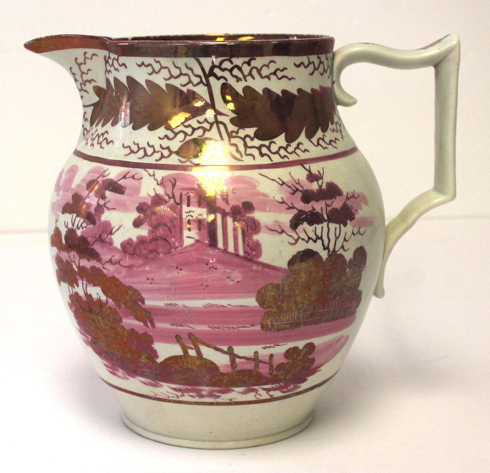 Ca 1820 Pearlware 7 1/2" pitcher w pink lustre buildings & floral dec (1 of 6)