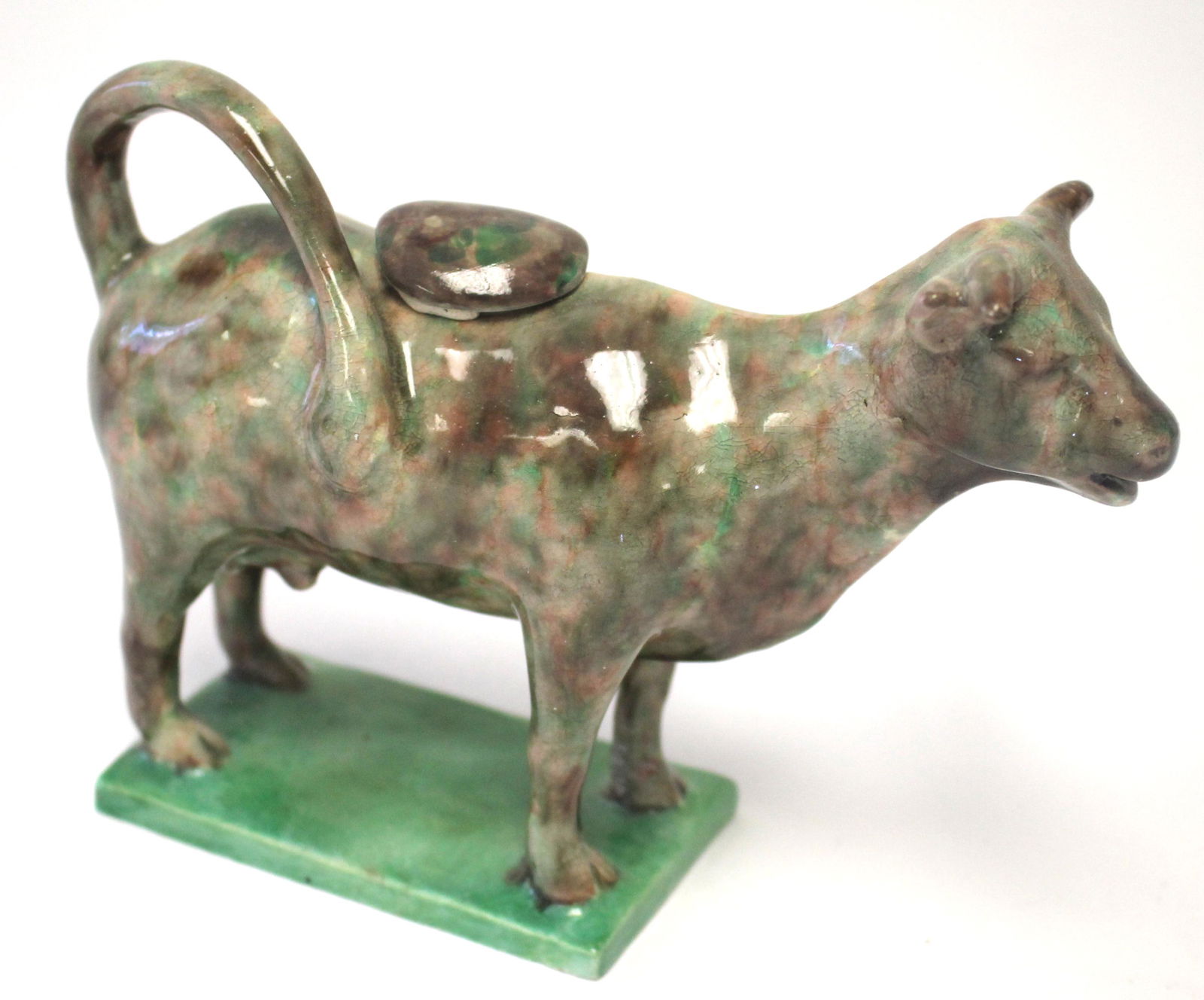 Antique Staffordshire cow creamer in brown & green sponge dec w green base - replaced cover (1 of 4)