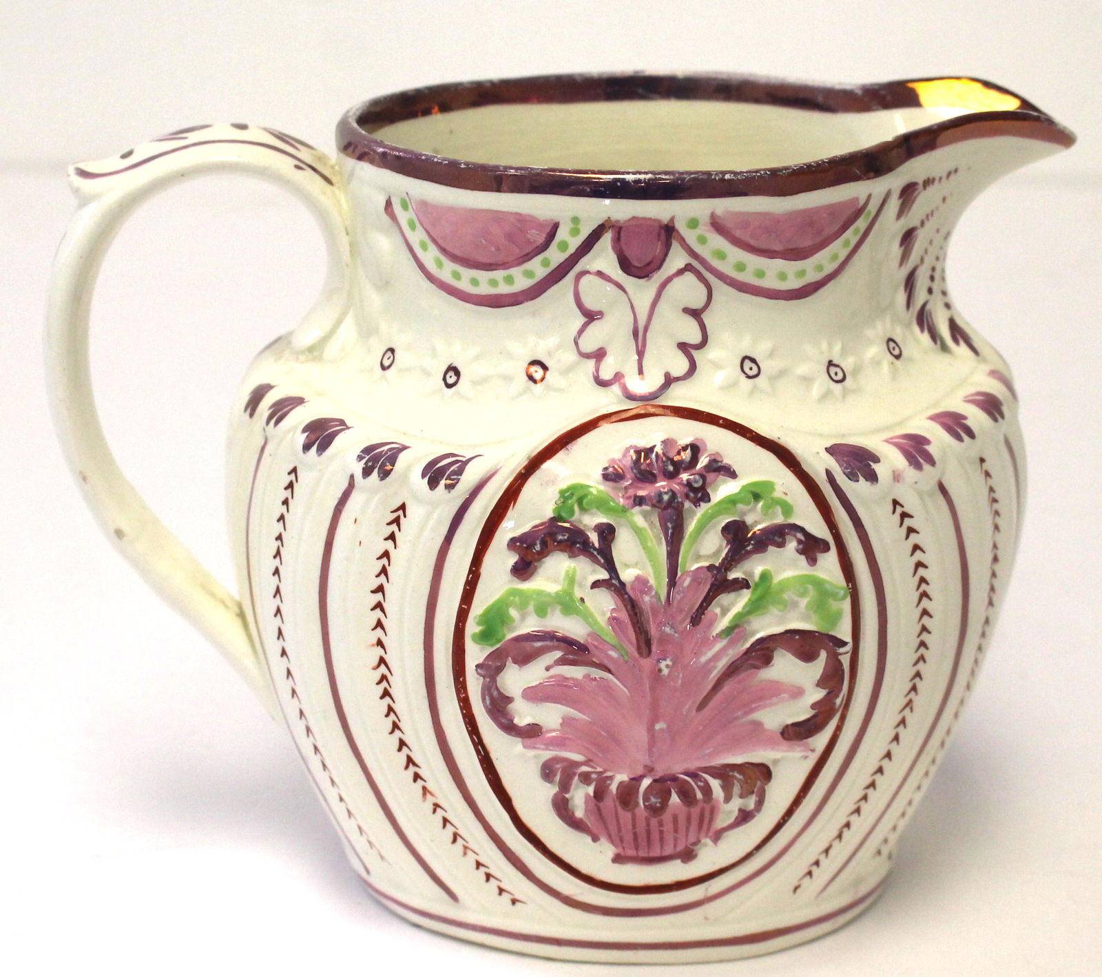Antique Pink Lustre Pearlware pitcher w floral dec - 5 1/2" tall (1 of 4)