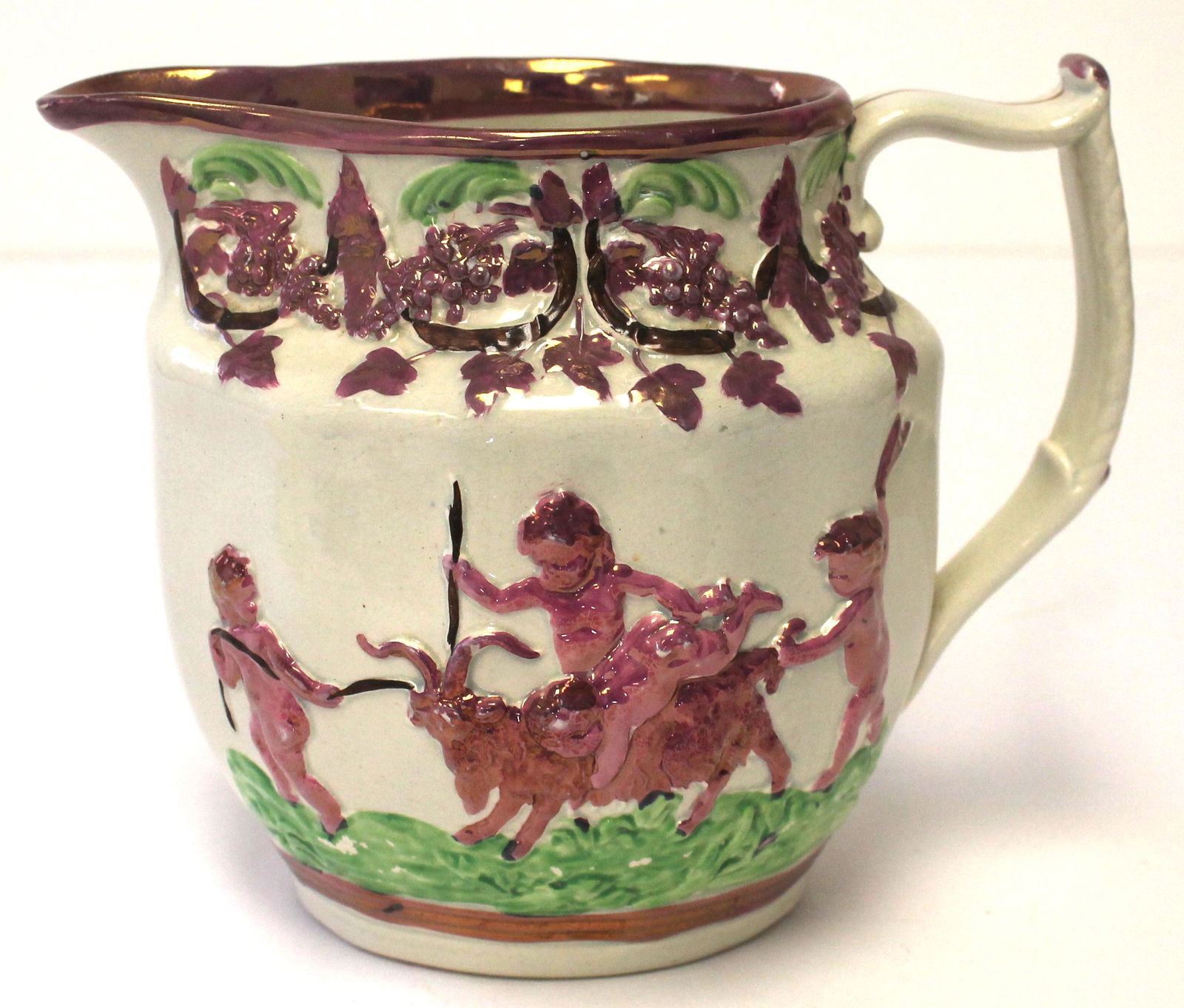 Antique Pink Lustre Pearlware pitcher w raised lion, cherubs & goat dec - 6" tall (1 of 4)
