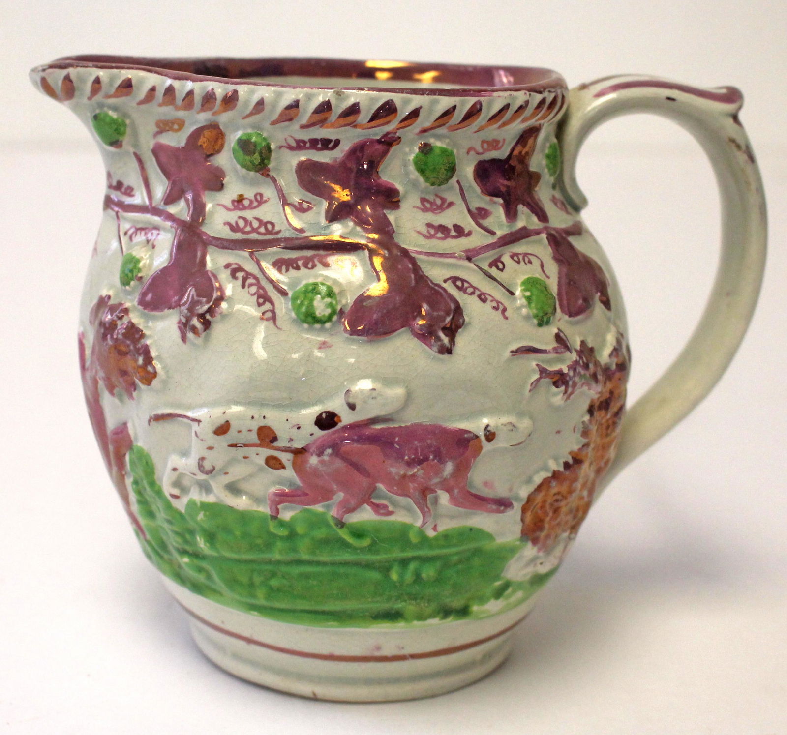 Antique Pink Lustre Pearlware pitcher w raised dogs dec - 4 5/8" tall (1 of 4)