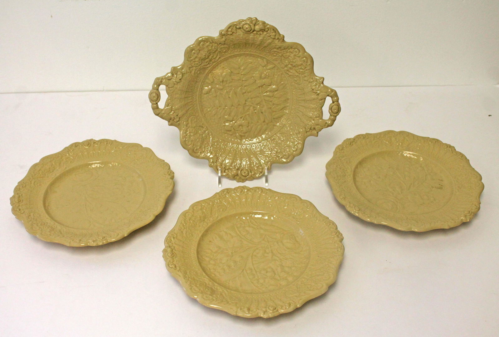 Lot of 4 pcs of 19thC English Drabware incl 10" handled tray & three 8 1/2" plates (1 of 9)