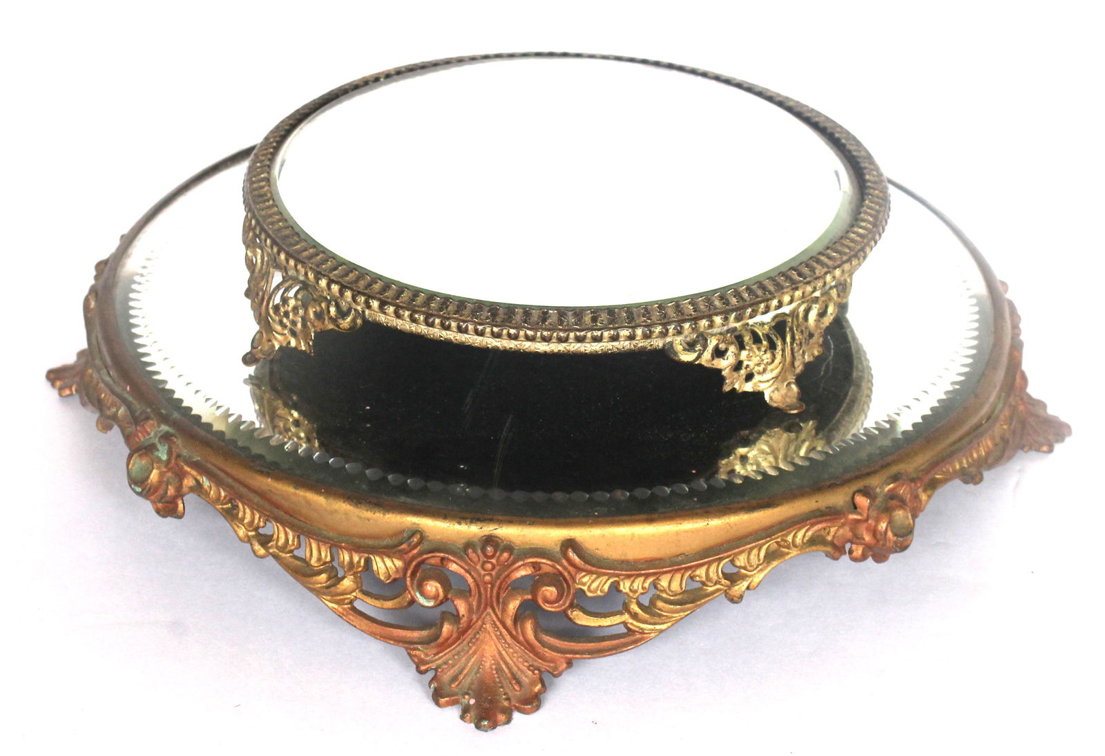 Lot of 2 antique mirrored dresser tableaus - w beveled mirrors - 10" & 14" diam: Lot of 2 antique mirrored dresser tableaus - w beveled mirrors - 10" & 14" diam