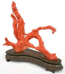 large & extremely fine antique coral figure of a wom: large & extremely fine antique coral figure of a woman w extensive prunis decoration on silver inlaid wooden stand - coral height 7 7/8" x 9" long