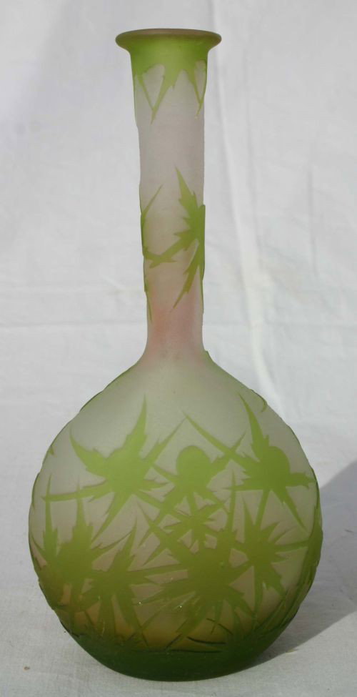 sgnd Galle thistle dec French Cameo banjo vase - 6 : sgnd Galle thistle dec French Cameo banjo vase - 6 1/2" tall