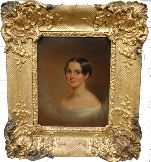 unsgnd Thomas Sully (1809-1893) 8x10 o/bd portrait: unsgnd Thomas Sully (1809-1893) 8x10 o/bd portrait of a beautiful young woman in fancy frame