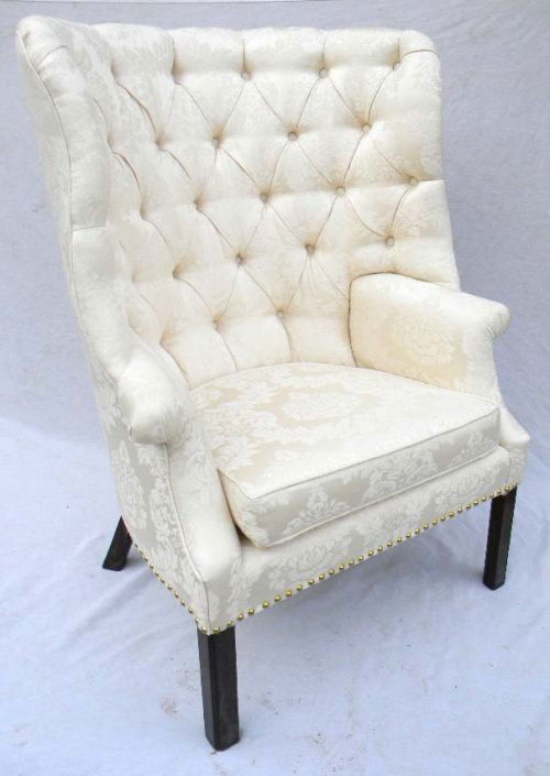 rare period Chippendale ca 1760-1780 Boston MA carv: rare period Chippendale ca 1760-1780 Boston MA carved mahog wing chair in fine damask upholstery - 3'6" tall