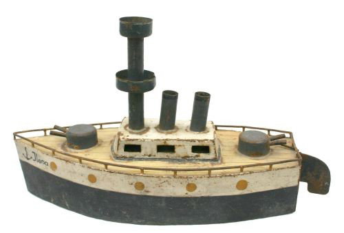 forged iron polychrome "Great White Fleet" ca 1900 : forged iron polychrome "Great White Fleet" ca 1900 toy war ship labeled "Ilona" - 22" long x 14" tall