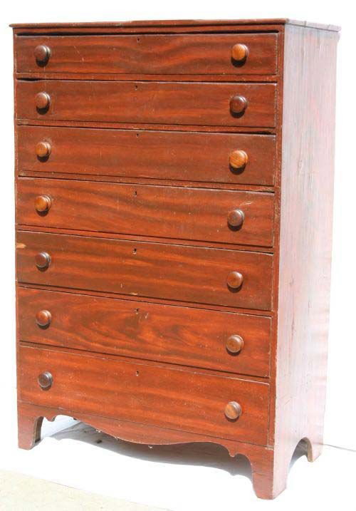 Rare ca 1790 period Chippendale/Hepplewhite transi: Rare ca 1790 period Chippendale/Hepplewhite transitional CT pine 7 drawer wonderful proportioned 57 ½” x 37 ½” very tall chest in great grain ptd old surface w wooden knobs