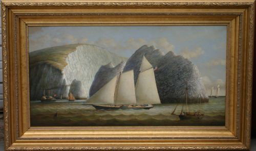 large & fantastic Brian Coole 22x42 o/panel of the: large & fantastic Brian Coole 22x42 o/panel of the America's Cup race off the Isle of Wight at "The Needles" showing queen Victoria's yacht "Britannia" in the left background