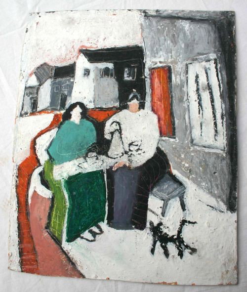 Important sgnd Milton Avery (1885-1965) 10x8 o/bd : Important sgnd Milton Avery (1885-1965) 10x8 o/bd depicting 2 figures having tea on a patio w a cat at their feet & buildings in the background from a significant CT collection