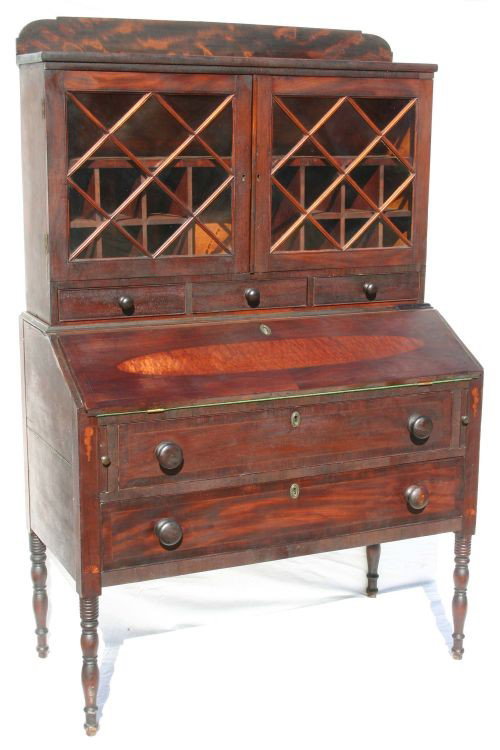 Fine period Sheraton ca 1810 Worcester, MA carved: Fine period Sheraton ca 1810 Worcester, MA carved birch secretary w satinwood inlaid tear drops & fans & birdseye inlaid elipse