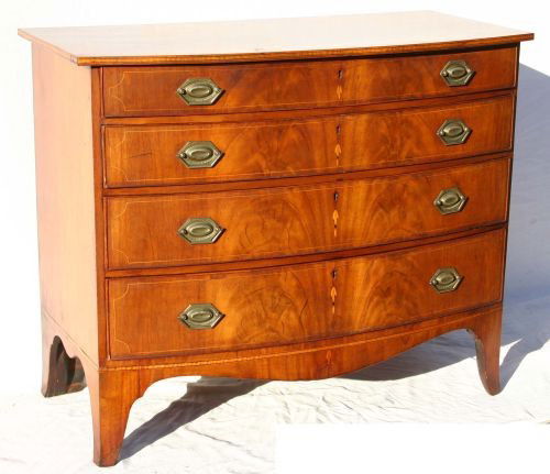 Beautiful Hepplewhite period ca 1790-1800 bowfront: Beautiful Hepplewhite period ca 1790-1800 bowfront book matched mahogany bureau of 4 graduated drawers each w satinwood string inlay & center bell flower inlaid pendants highlighted by inset ebony dia